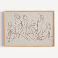 the company we keep is a hand drawn minimalist wall art print with abstract female bodies women figures in a Line Drawing art, on a textured neutral background. Delicate continuous lines intertwine to create a herd in motion, capturing the feeling of effortless elegance, contemporary and timeless, this piece evokes long summers and the beauty of the female body.