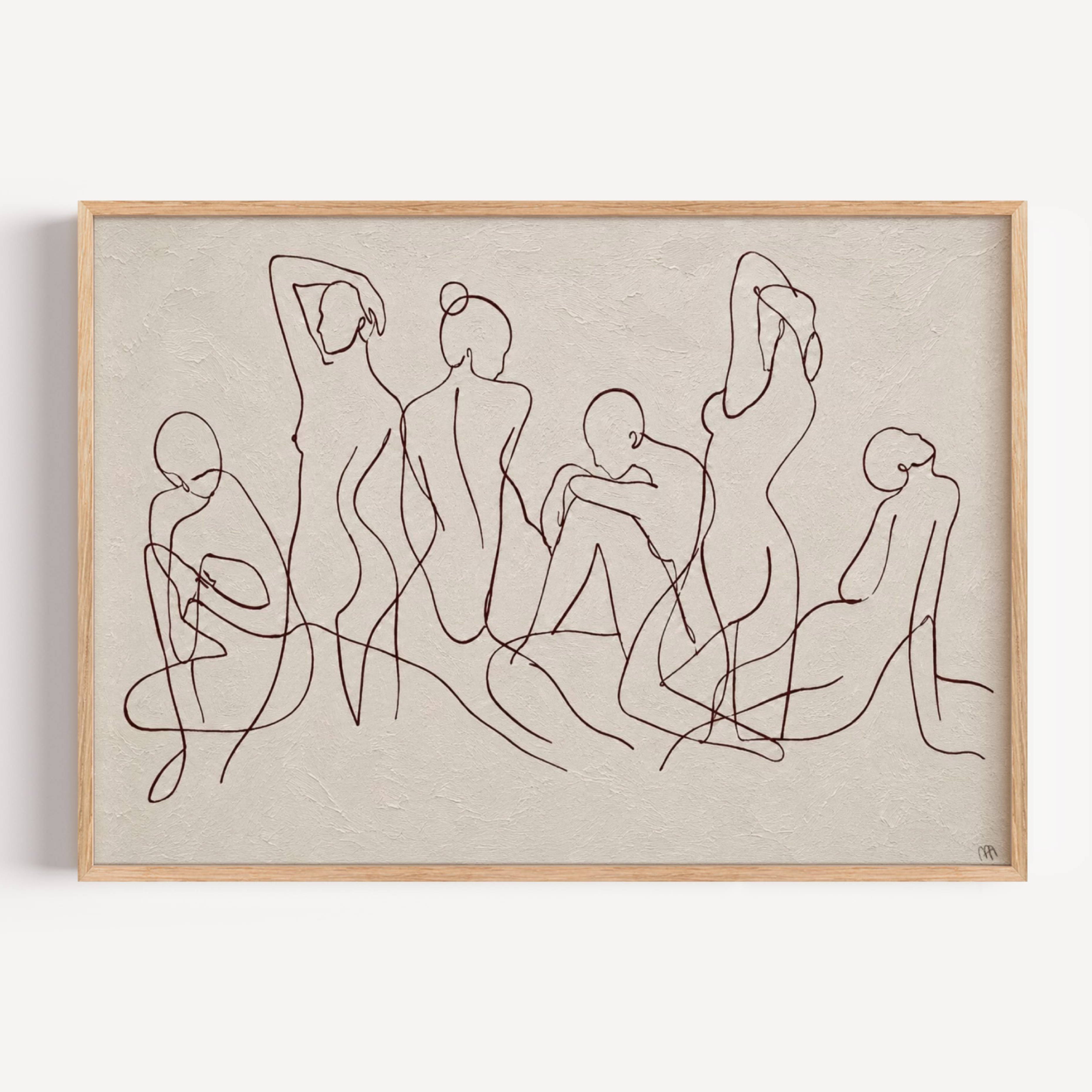 the company we keep is a hand drawn minimalist wall art print with abstract female bodies women figures in a Line Drawing art, on a textured neutral background. Delicate continuous lines intertwine to create a herd in motion, capturing the feeling of effortless elegance, contemporary and timeless, this piece evokes long summers and the beauty of the female body.