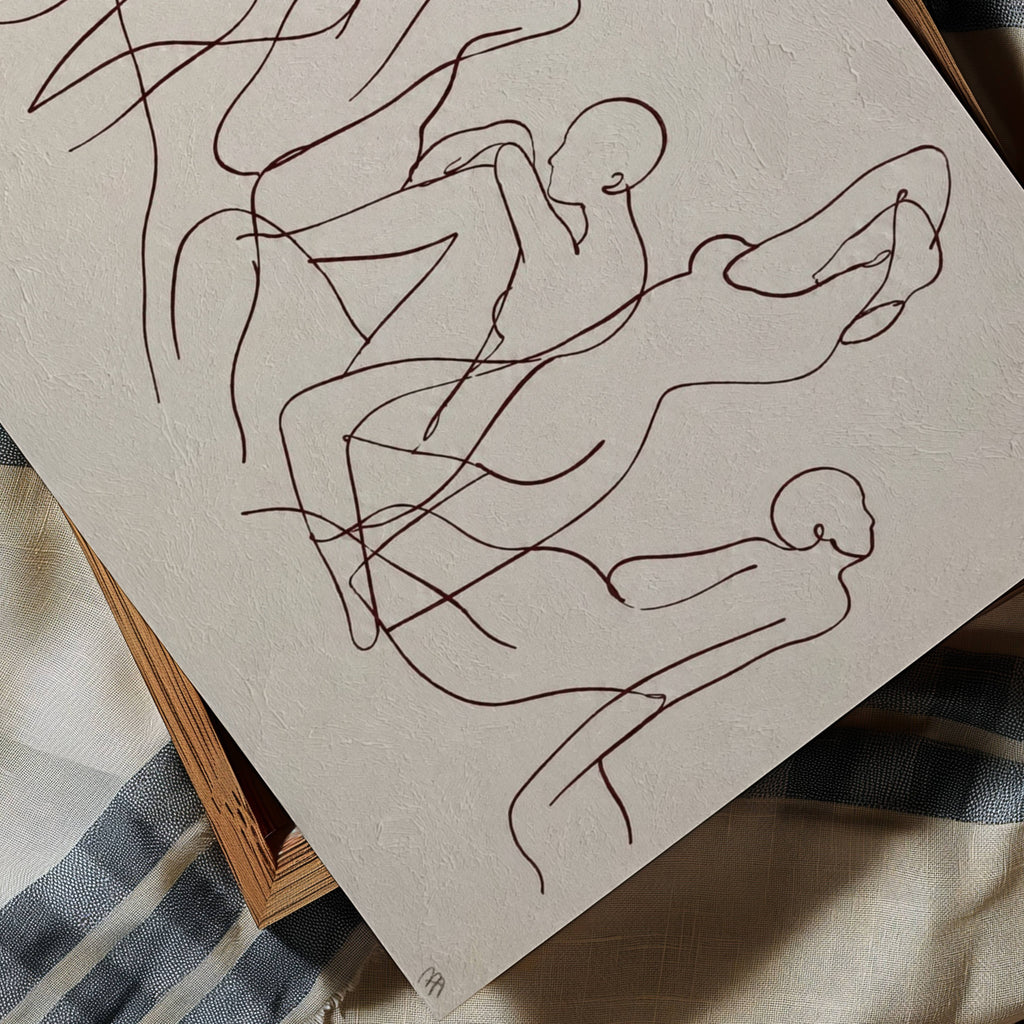 the company we keep is a hand drawn minimalist wall art print with abstract female bodies women figures in a Line Drawing art, on a textured neutral background. Delicate continuous lines intertwine to create a herd in motion, capturing the feeling of effortless elegance, contemporary and timeless, this piece evokes long summers and the beauty of the female body.