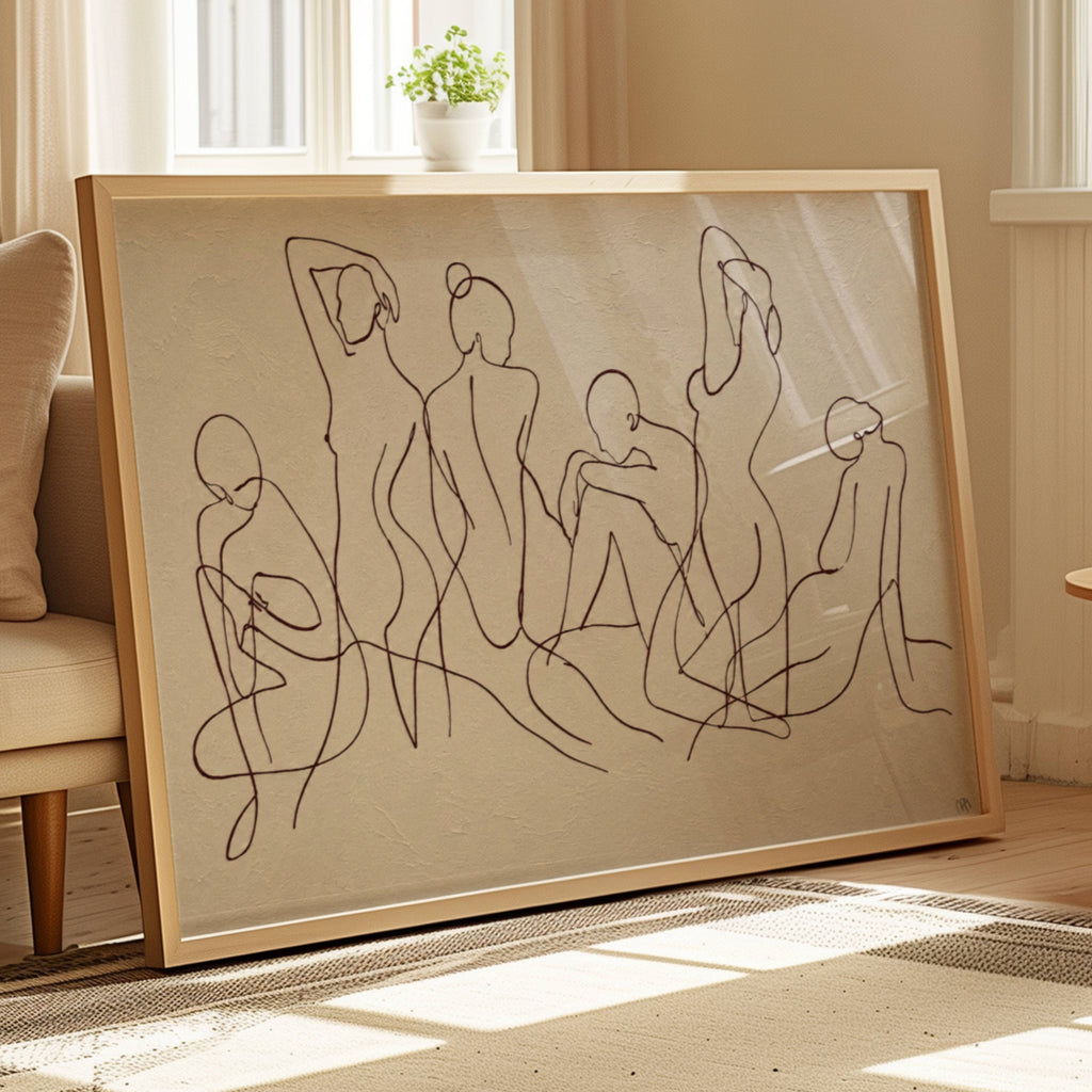 the company we keep is a hand drawn minimalist wall art print with abstract female bodies women figures in a Line Drawing art, on a textured neutral background. Delicate continuous lines intertwine to create a herd in motion, capturing the feeling of effortless elegance, contemporary and timeless, this piece evokes long summers and the beauty of the female body