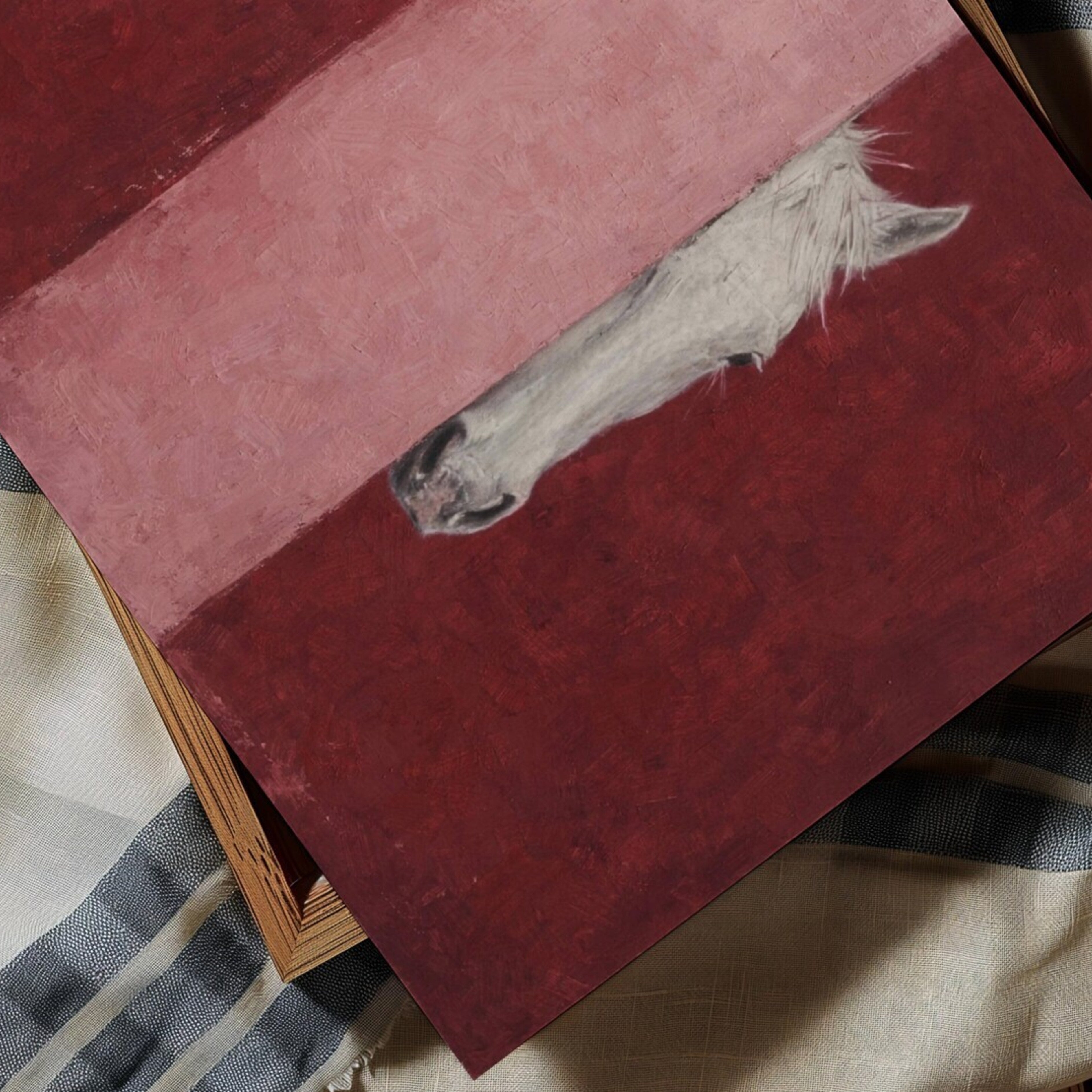 The Hidden Horse is a Contemporary Oil Painting Horse Art Print in pink and ruby burgundy tones, featuring a minimalist Horse Portrait