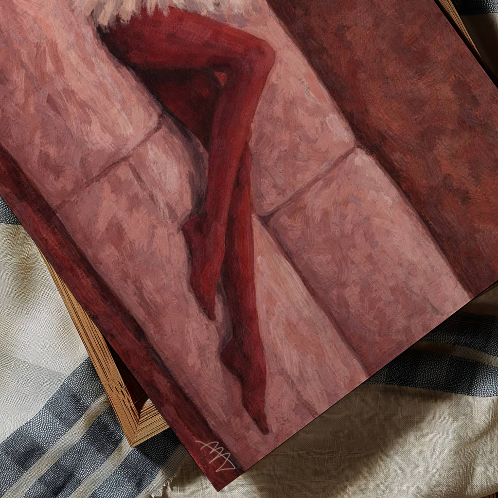the last cigarette is a hand painted abstract fashion wall art print of a woman in a sofa wearing a fur and smoking cigarette in dusty pink and ruby tones, inspired by vintage glamour and maximalist cinematic luxury interiors, symbolizing femininity and nostalgic glamour. Mid century modern fashion woman smoking on a sofa oil painting
