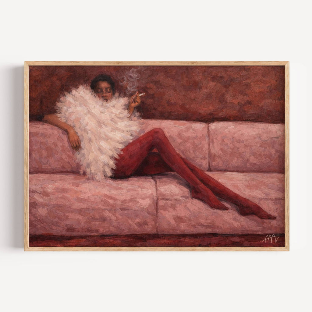 the last cigarette is a hand painted abstract fashion wall art print of a woman in a sofa wearing a fur and smoking cigarette in dusty pink and ruby tones, inspired by vintage glamour and maximalist cinematic luxury interiors, symbolizing femininity and nostalgic glamour. Mid century modern fashion woman smoking on a sofa oil painting
