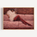the last cigarette is a hand painted abstract fashion wall art print of a woman in a sofa wearing a fur and smoking cigarette in dusty pink and ruby tones, inspired by vintage glamour and maximalist cinematic luxury interiors, symbolizing femininity and nostalgic glamour. Mid century modern fashion woman smoking on a sofa oil painting