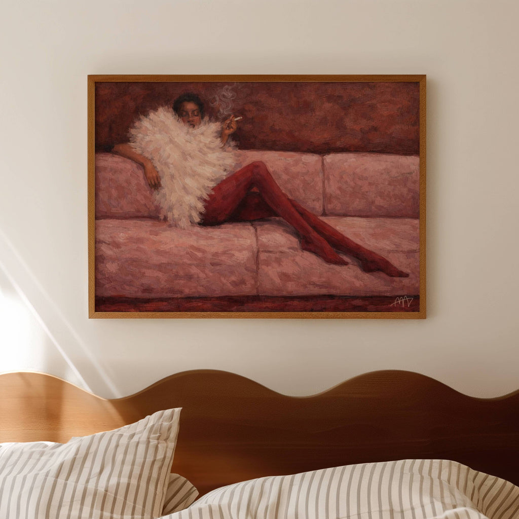 the last cigarette is a hand painted abstract fashion wall art print of a woman in a sofa wearing a fur and smoking cigarette in dusty pink and ruby tones, inspired by vintage glamour and maximalist cinematic luxury interiors, symbolizing femininity and nostalgic glamour. Mid century modern fashion woman smoking on a sofa oil painting