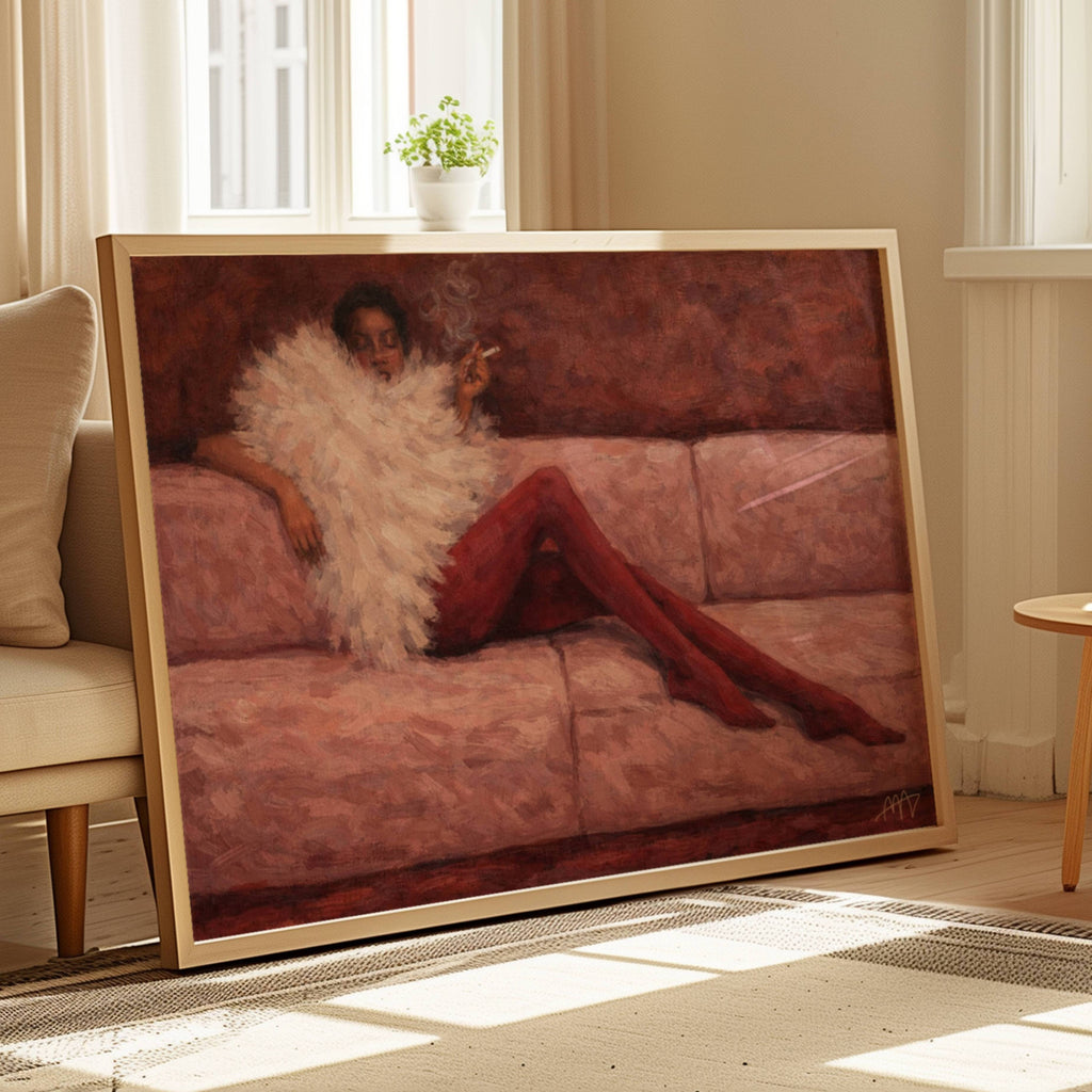 the last cigarette is a hand painted abstract fashion wall art print of a woman in a sofa wearing a fur and smoking cigarette in dusty pink and ruby tones, inspired by vintage glamour and maximalist cinematic luxury interiors, symbolizing femininity and nostalgic glamour. Mid century modern fashion woman smoking on a sofa oil painting