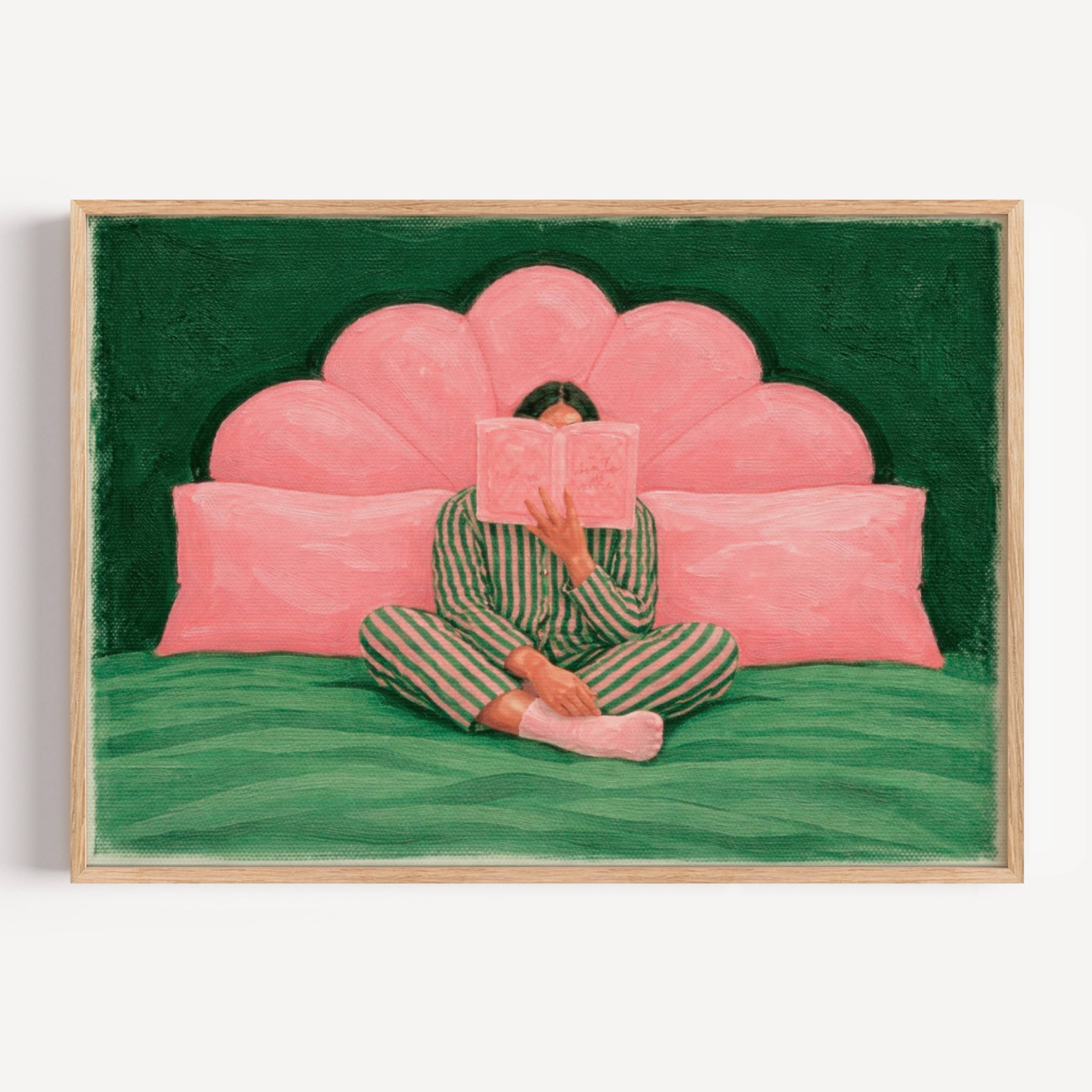 the last good habit is a hand painted wall art print of a womam reading in bed wearing her striped pyjamas, in dusty pink and green tones, inspired by vintage glamour and maximalist cinematic luxury interiors, symbolizing femininity and nostalgic interiors. Horizontal above bed oil painting wall art print