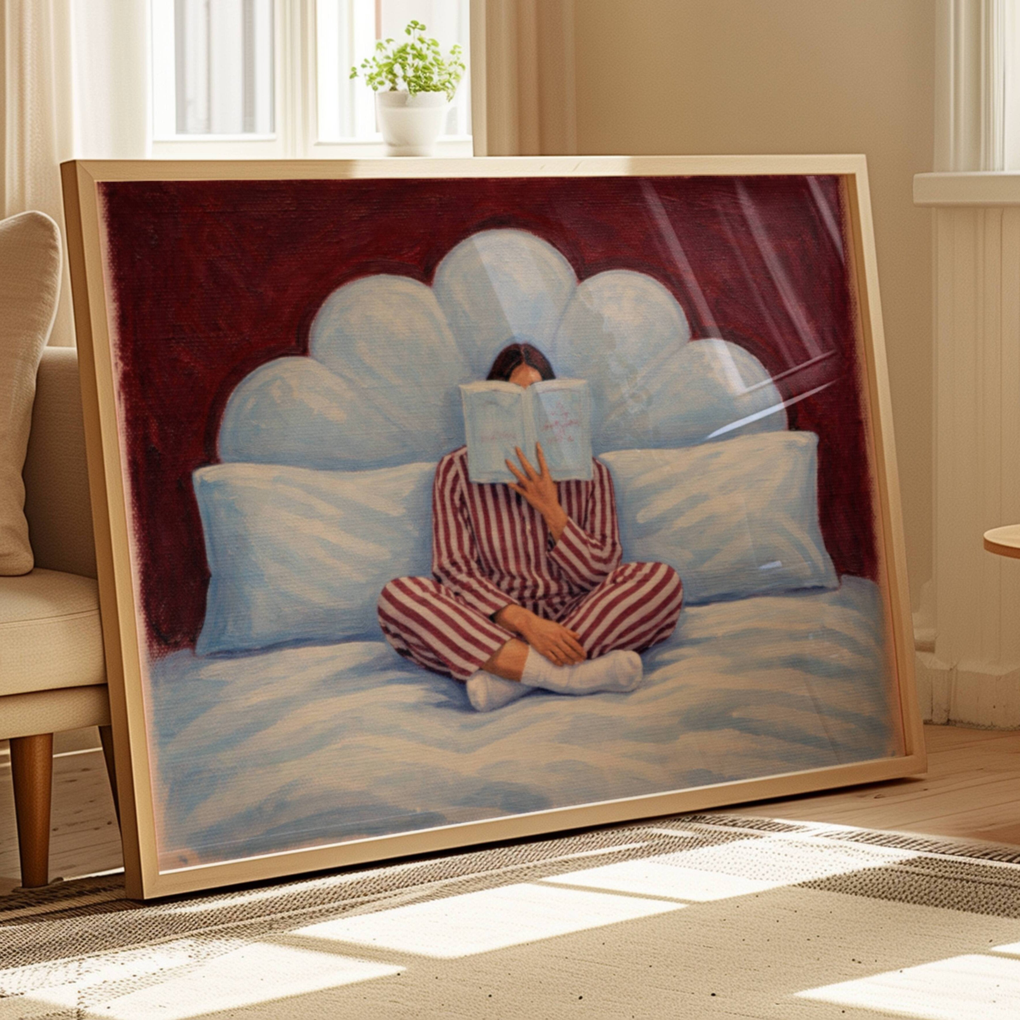 the last good habit is a hand painted wall art print of a womam reading in bed wearing her striped pyjamas, in blue and ruby tones, inspired by vintage glamour and maximalist cinematic luxury interiors, symbolizing femininity and nostalgic interiors. Horizontal above bed oil painting wall art print