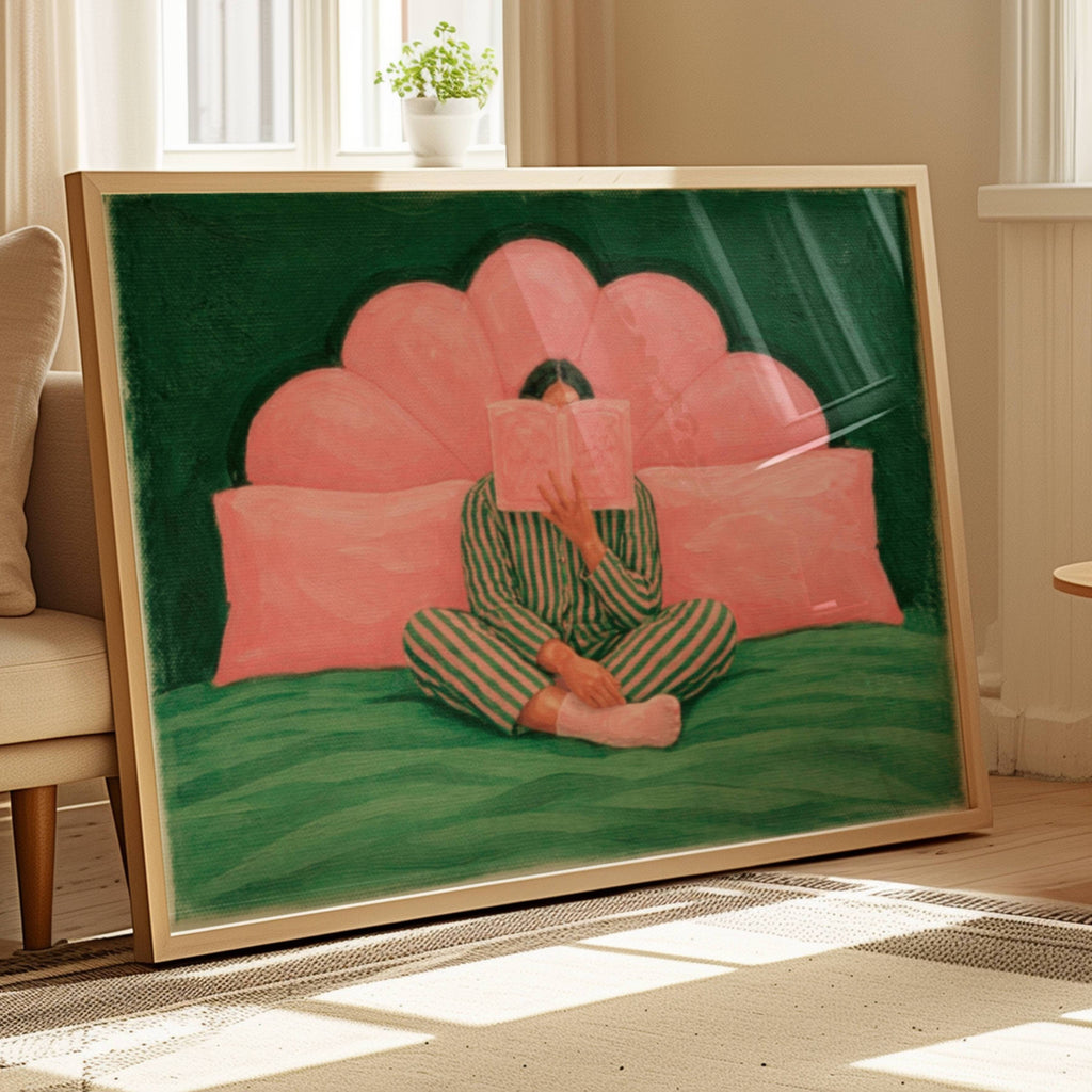 the last good habit is a hand painted wall art print of a womam reading in bed wearing her striped pyjamas, in pink and green tones, inspired by vintage glamour and maximalist cinematic luxury interiors, symbolizing femininity and nostalgic interiors. Horizontal above bed oil painting wall art print