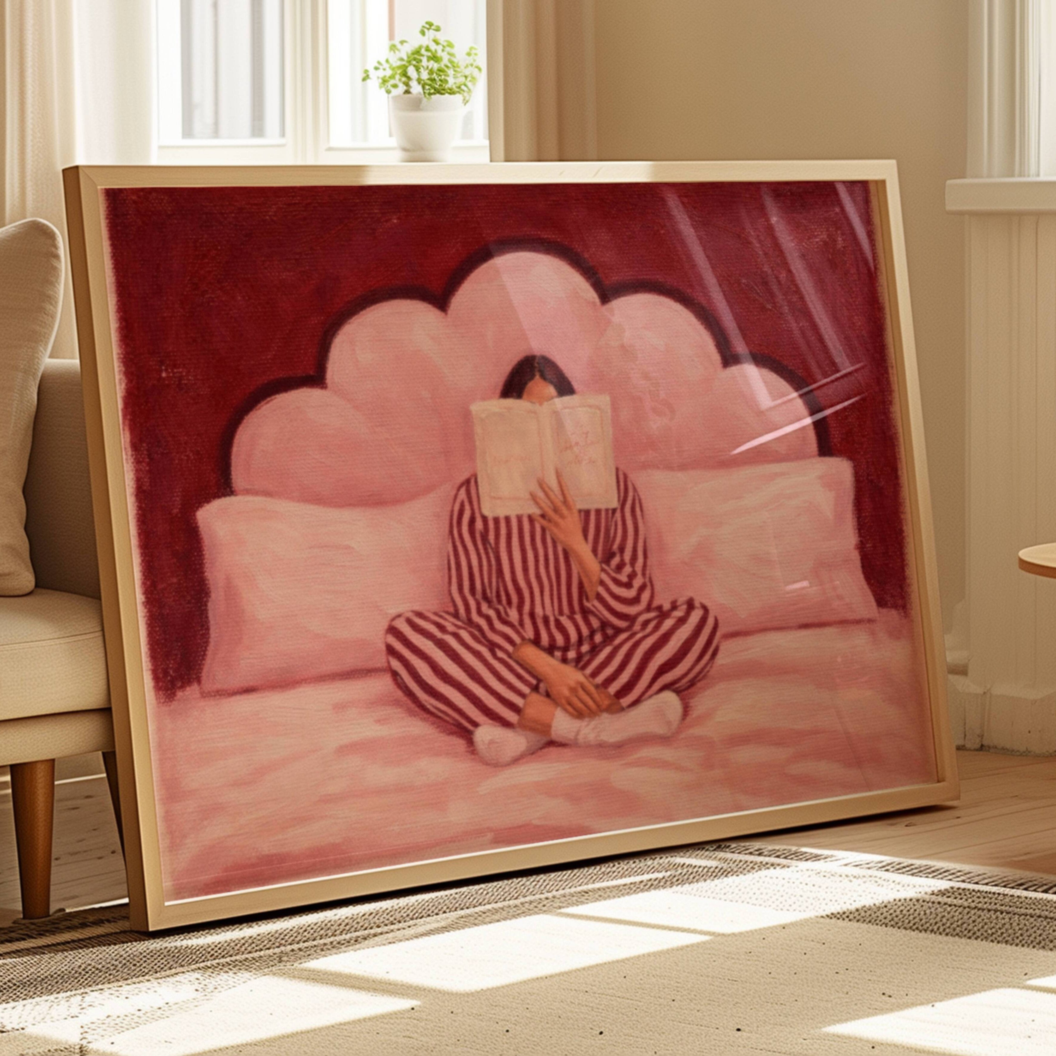 the last good habit is a hand painted wall art print of a womam reading in bed wearing her striped pyjamas, in dusty pink and ruby tones, inspired by vintage glamour and maximalist cinematic luxury interiors, symbolizing femininity and nostalgic interiors. Horizontal above bed oil painting wall art print