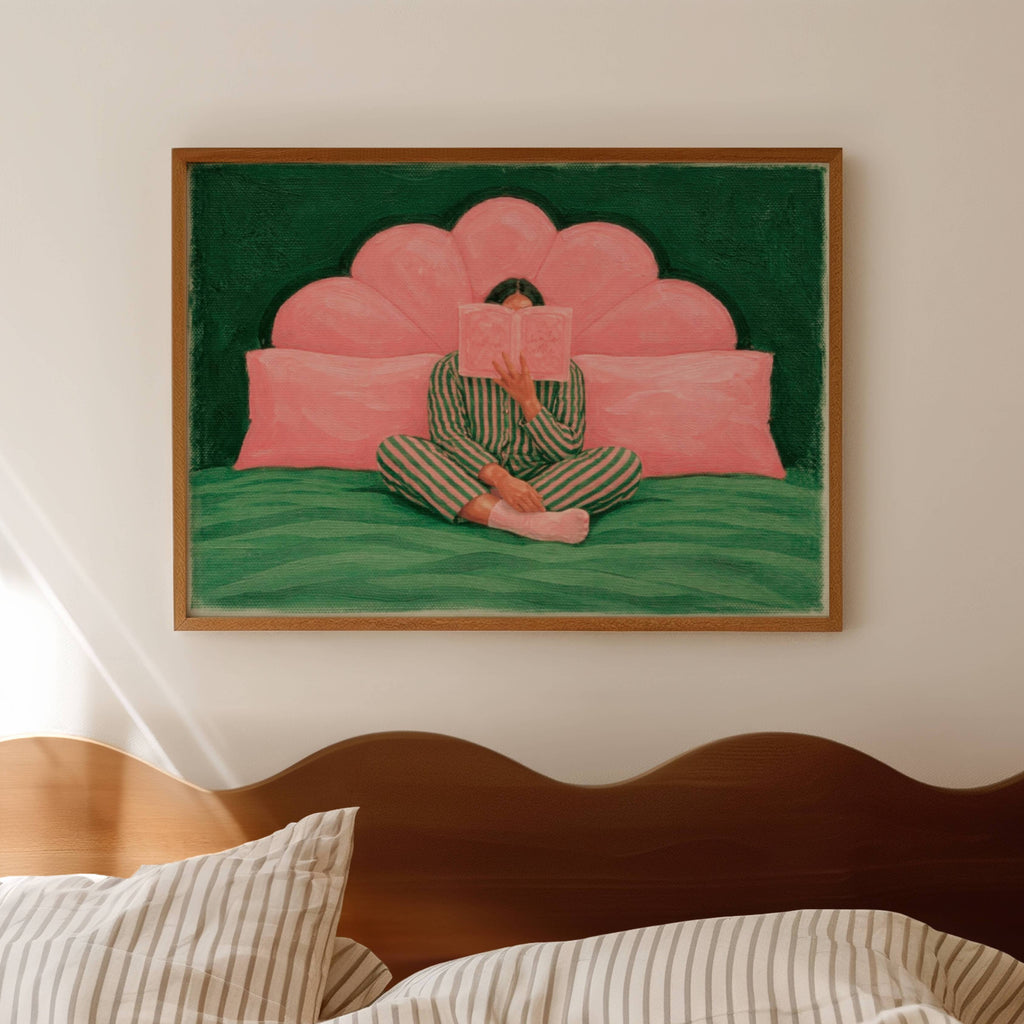 the last good habit is a hand painted wall art print of a womam reading in bed wearing her striped pyjamas, in pink and green tones, inspired by vintage glamour and maximalist cinematic luxury interiors, symbolizing femininity and nostalgic interiors. Horizontal above bed oil painting wall art print

