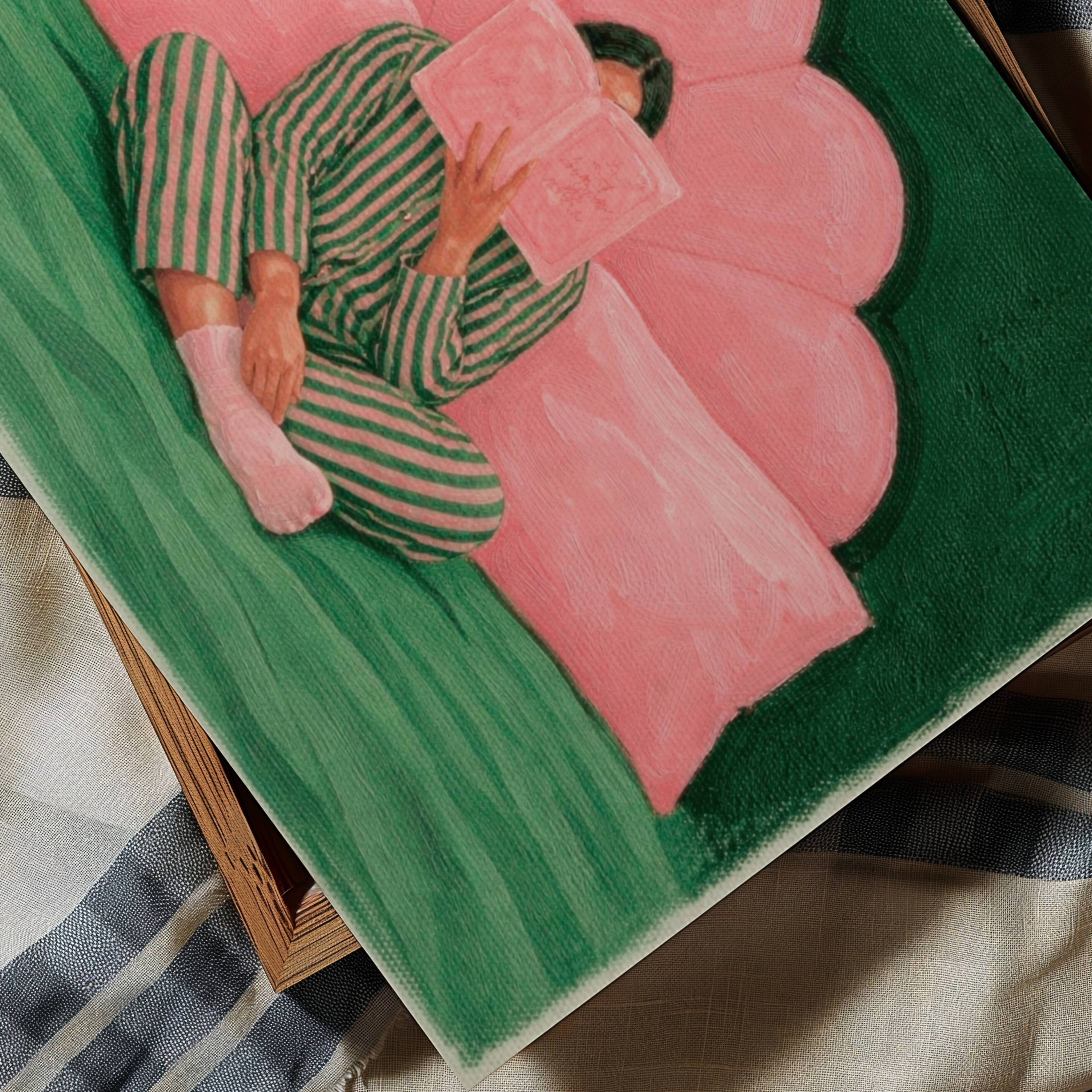 the last good habit is a hand painted wall art print of a womam reading in bed wearing her striped pyjamas, in dusty pink and ruby tones, inspired by vintage glamour and maximalist cinematic luxury interiors, symbolizing femininity and nostalgic interiors. Horizontal above bed oil painting wall art print