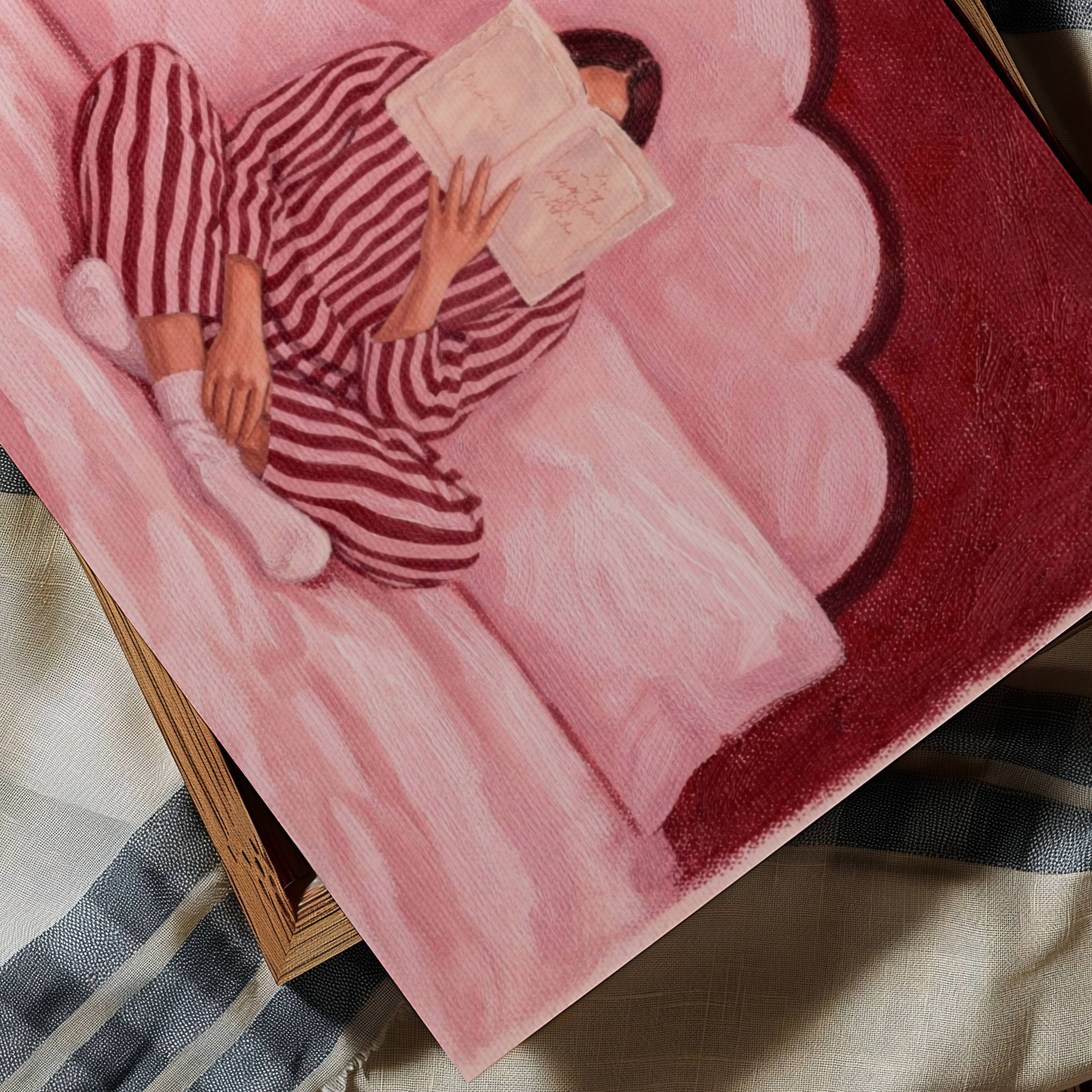 the last good habit is a hand painted wall art print of a womam reading in bed wearing her striped pyjamas, in dusty pink and ruby tones, inspired by vintage glamour and maximalist cinematic luxury interiors, symbolizing femininity and nostalgic interiors. Horizontal above bed oil painting wall art print
