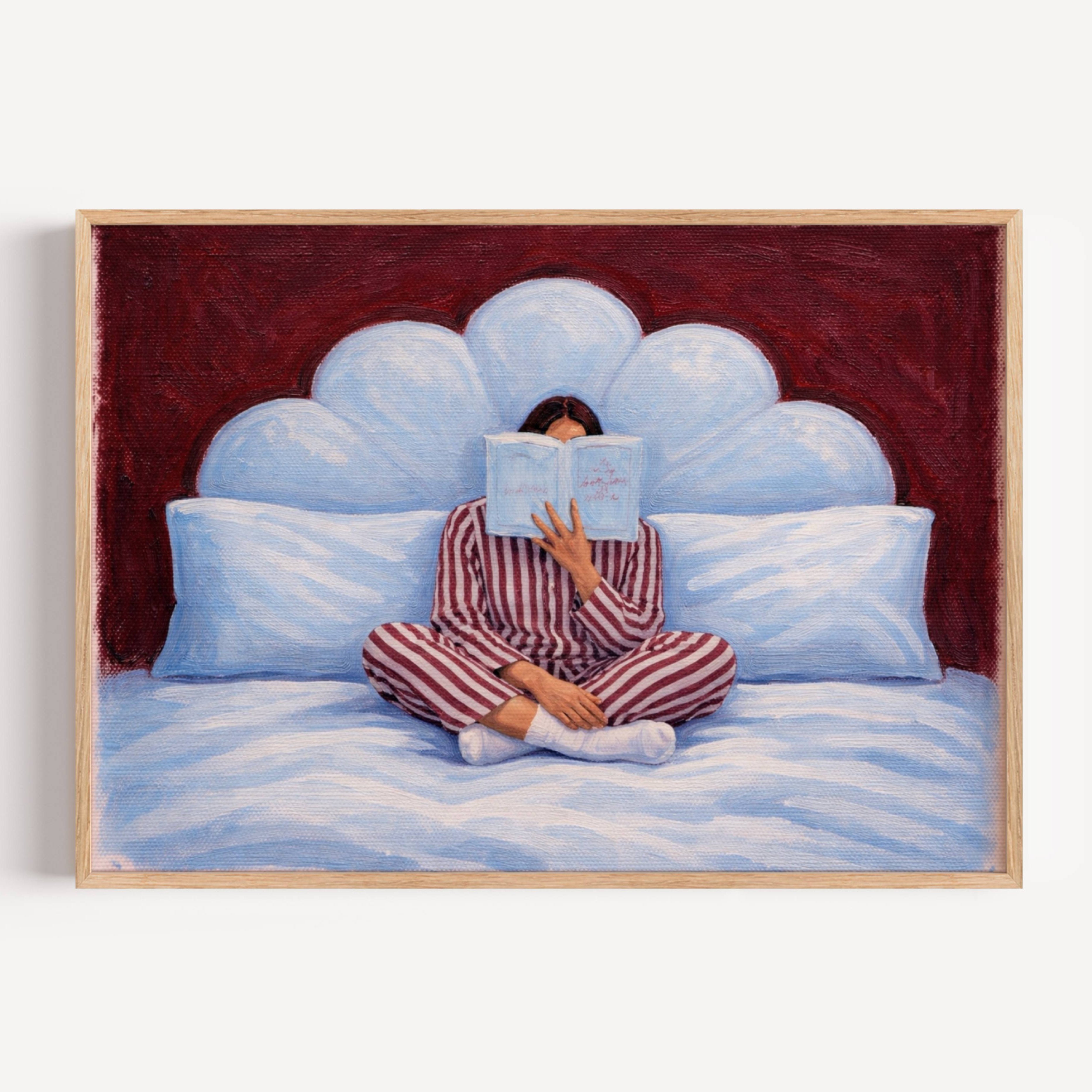 the last good habit is a hand painted wall art print of a womam reading in bed wearing her striped pyjamas, in blue and burgundy ruby tones, inspired by vintage glamour and maximalist cinematic luxury interiors, symbolizing femininity and nostalgic interiors. Horizontal above bed oil painting wall art print