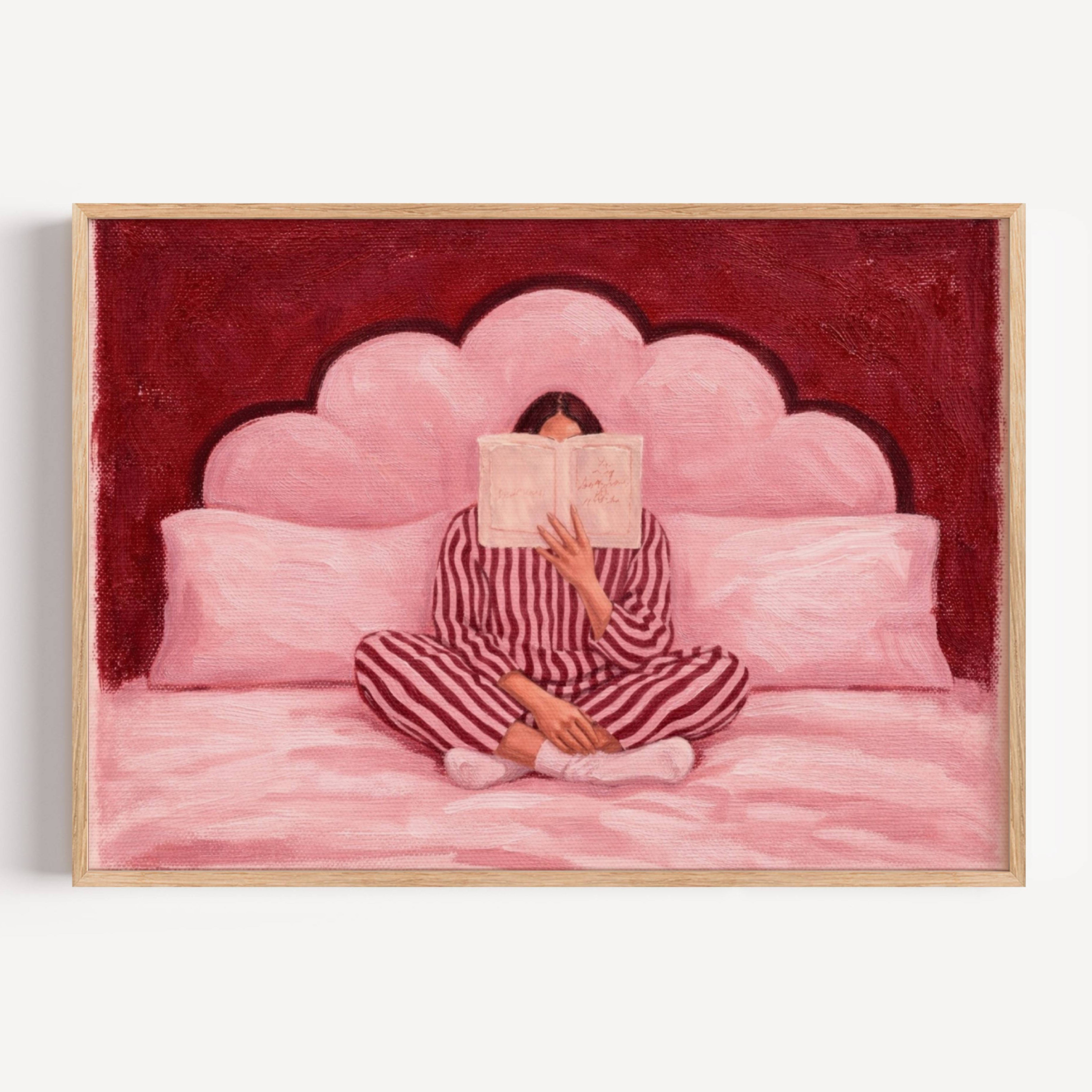 the last good habit is a hand painted wall art print of a womam reading in bed wearing her striped pyjamas, in dusty pink and ruby tones, inspired by vintage glamour and maximalist cinematic luxury interiors, symbolizing femininity and nostalgic interiors. Horizontal above bed oil painting wall art print