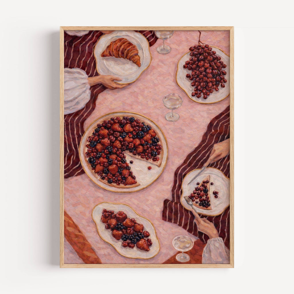 The last slice  is a contemporary hand drawn still life table Coffee wall art print, with hand-drawn berry pie illustration, adding charm and effortless character to kitchens, breakfast nooks, dining spaces, coffee stations and tea corners, a conversation piece Inspired by café culture, slow mornings, blending contemporary retro with playful illustration
