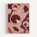 The last slice  is a contemporary hand drawn still life table Coffee wall art print, with hand-drawn berry pie illustration, adding charm and effortless character to kitchens, breakfast nooks, dining spaces, coffee stations and tea corners, a conversation piece Inspired by café culture, slow mornings, blending contemporary retro with playful illustration
