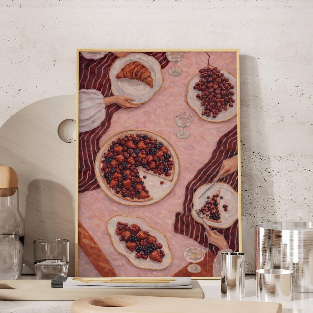The last slice  is a contemporary hand drawn still life table Coffee wall art print, with hand-drawn berry pie illustration, adding charm and effortless character to kitchens, breakfast nooks, dining spaces, coffee stations and tea corners, a conversation piece Inspired by café culture, slow mornings, blending contemporary retro with playful illustration