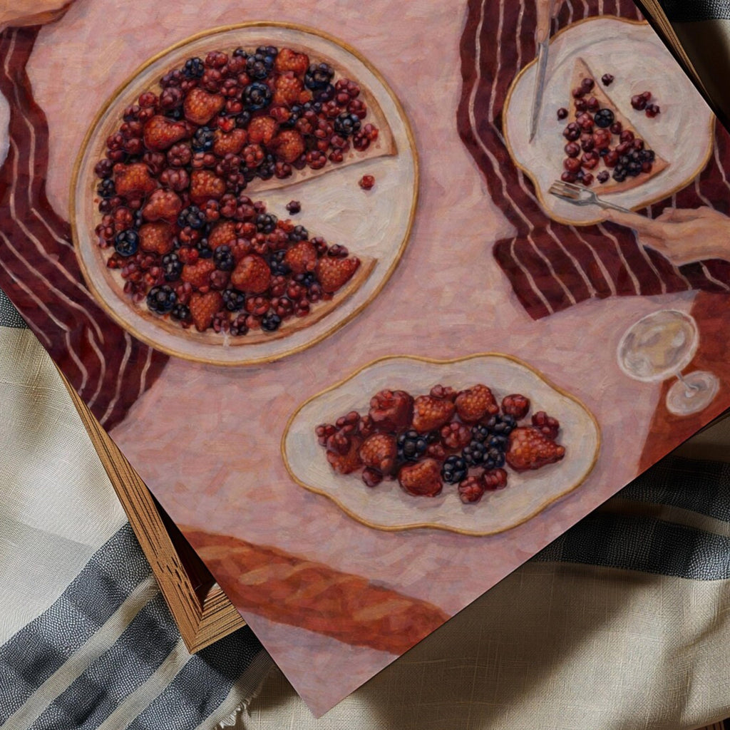 The last slice  is a contemporary hand drawn still life table Coffee wall art print, with hand-drawn berry pie illustration, adding charm and effortless character to kitchens, breakfast nooks, dining spaces, coffee stations and tea corners, a conversation piece Inspired by café culture, slow mornings, blending contemporary retro with playful illustration