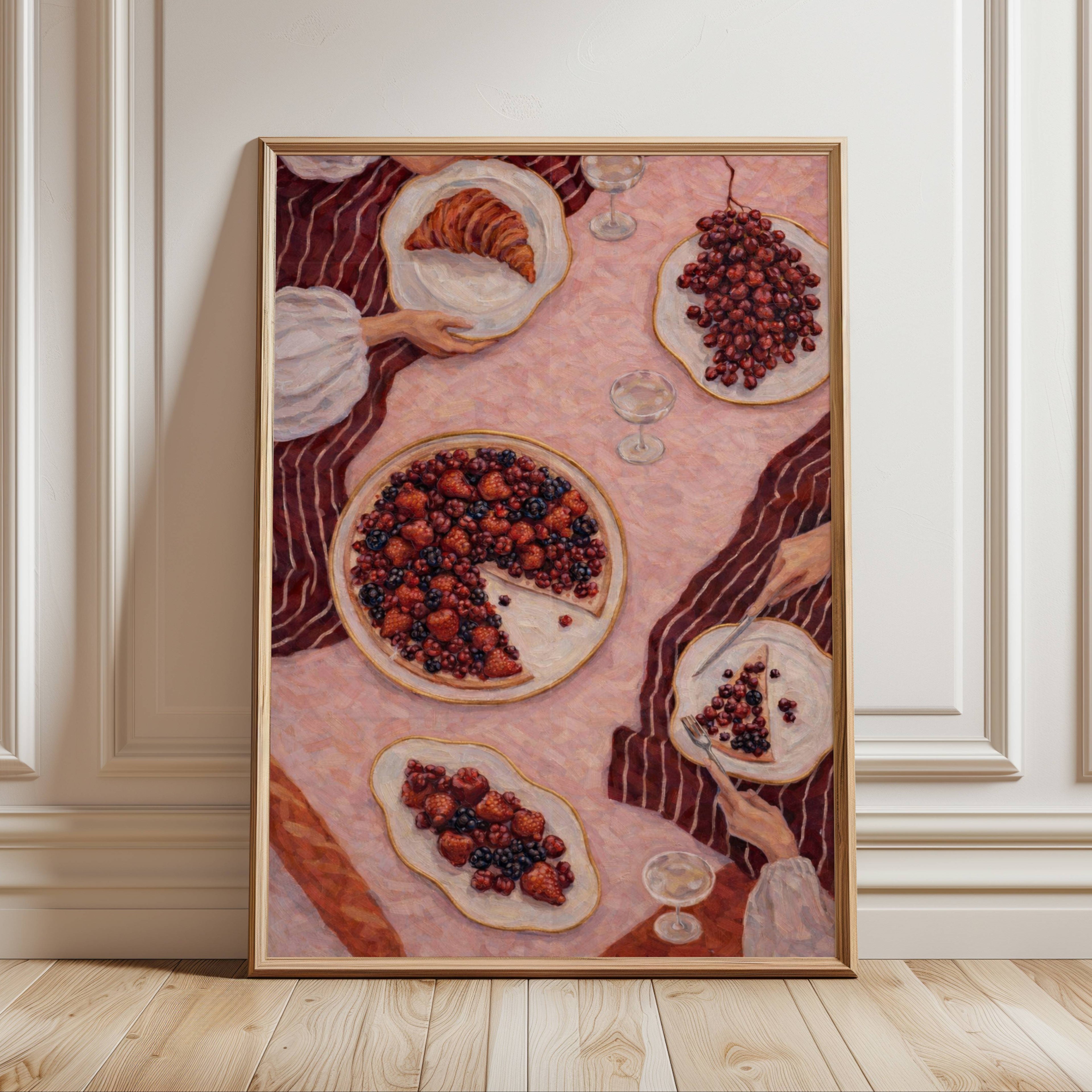 The last slice  is a contemporary hand drawn still life table Coffee wall art print, with hand-drawn berry pie illustration, adding charm and effortless character to kitchens, breakfast nooks, dining spaces, coffee stations and tea corners, a conversation piece Inspired by café culture, slow mornings, blending contemporary retro with playful illustration
