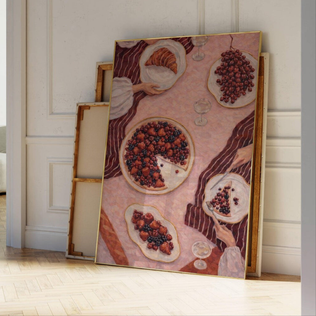 The last slice  is a contemporary hand drawn still life table Coffee wall art print, with hand-drawn berry pie illustration, adding charm and effortless character to kitchens, breakfast nooks, dining spaces, coffee stations and tea corners, a conversation piece Inspired by café culture, slow mornings, blending contemporary retro with playful illustration
