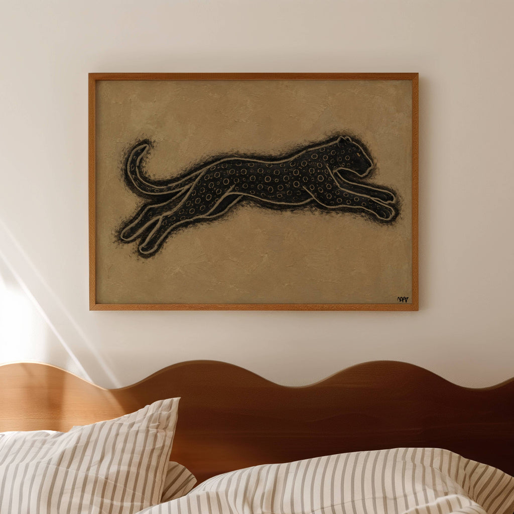 the silent hunt is a hand painted Minimalist Vintage symbolic wall art print of a Black panther running against a neutral background, inspired by quiet luxury interiors, symbolizing strength and movement. Minimalist Mid century modern cheetah panther oil painting