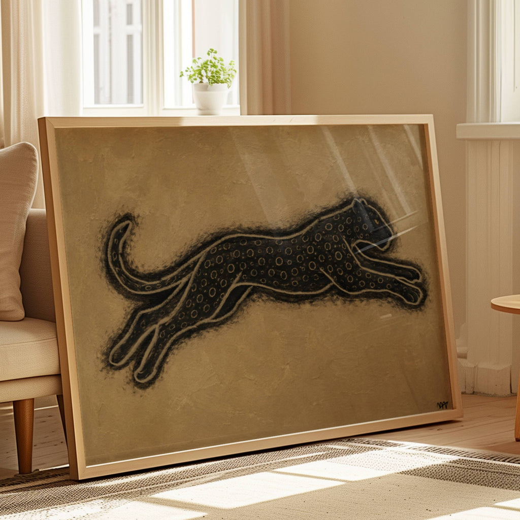 the silent hunt is a hand painted Minimalist Vintage symbolic wall art print of a Black panther / leopard running against a neutral background, inspired by quiet luxury interiors, symbolizing strength and movement. Minimalist Mid century modern cheetah panther oil painting