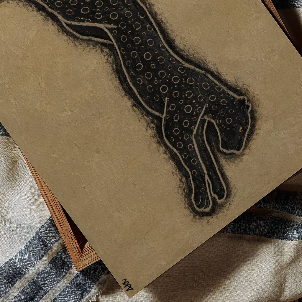 the silent hunt is a hand painted Minimalist Vintage symbolic wall art print of a Black panther running against a neutral background, inspired by quiet luxury interiors, symbolizing strength and movement. Minimalist Mid century modern cheetah panther oil painting
