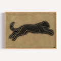 the silent hunt is a hand painted Minimalist Vintage symbolic wall art print of a Black panther running against a neutral background, inspired by quiet luxury interiors, symbolizing strength and movement. Minimalist Mid century modern cheetah panther oil painting
