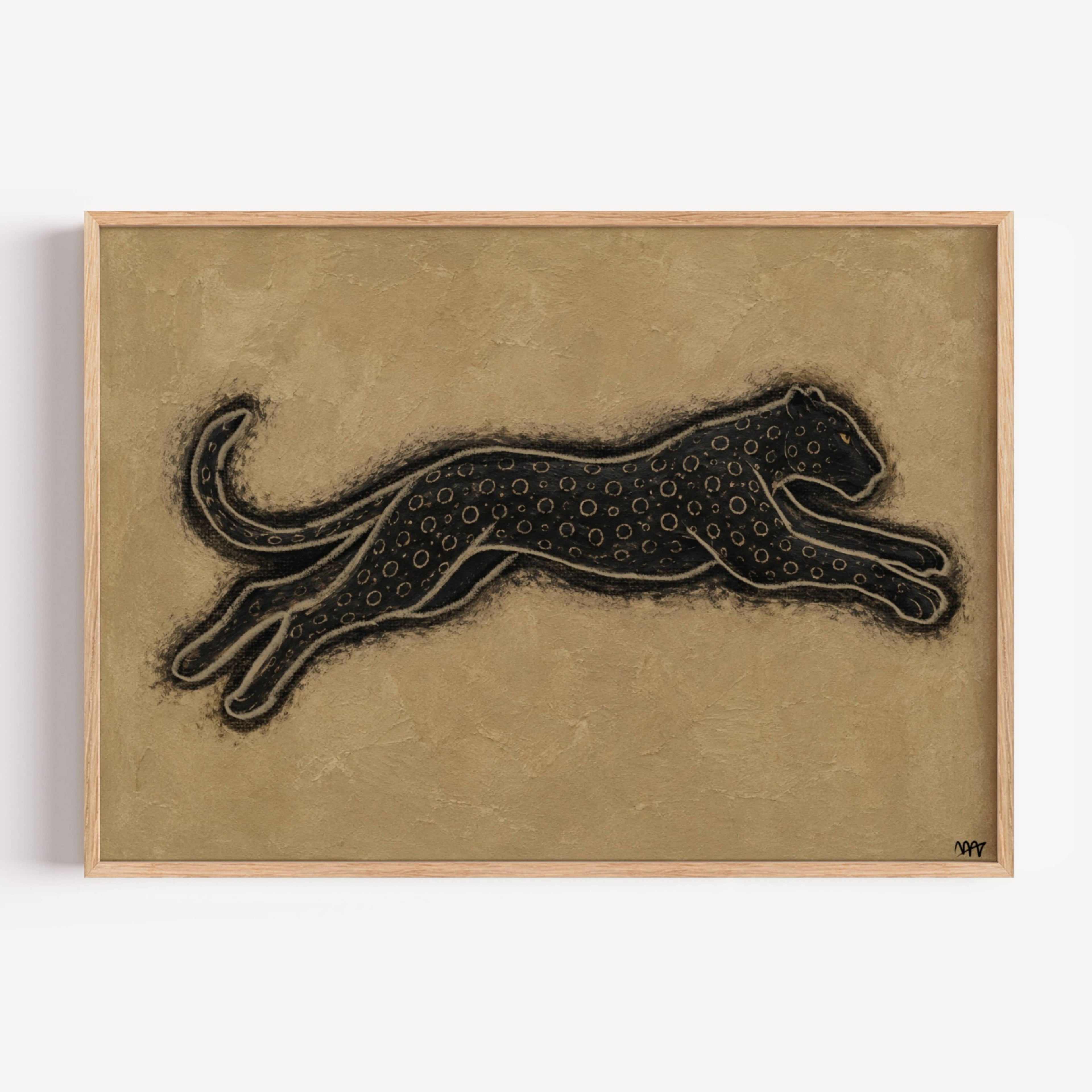 the silent hunt is a hand painted Minimalist Vintage symbolic wall art print of a Black panther running against a neutral background, inspired by quiet luxury interiors, symbolizing strength and movement. Minimalist Mid century modern cheetah panther oil painting
