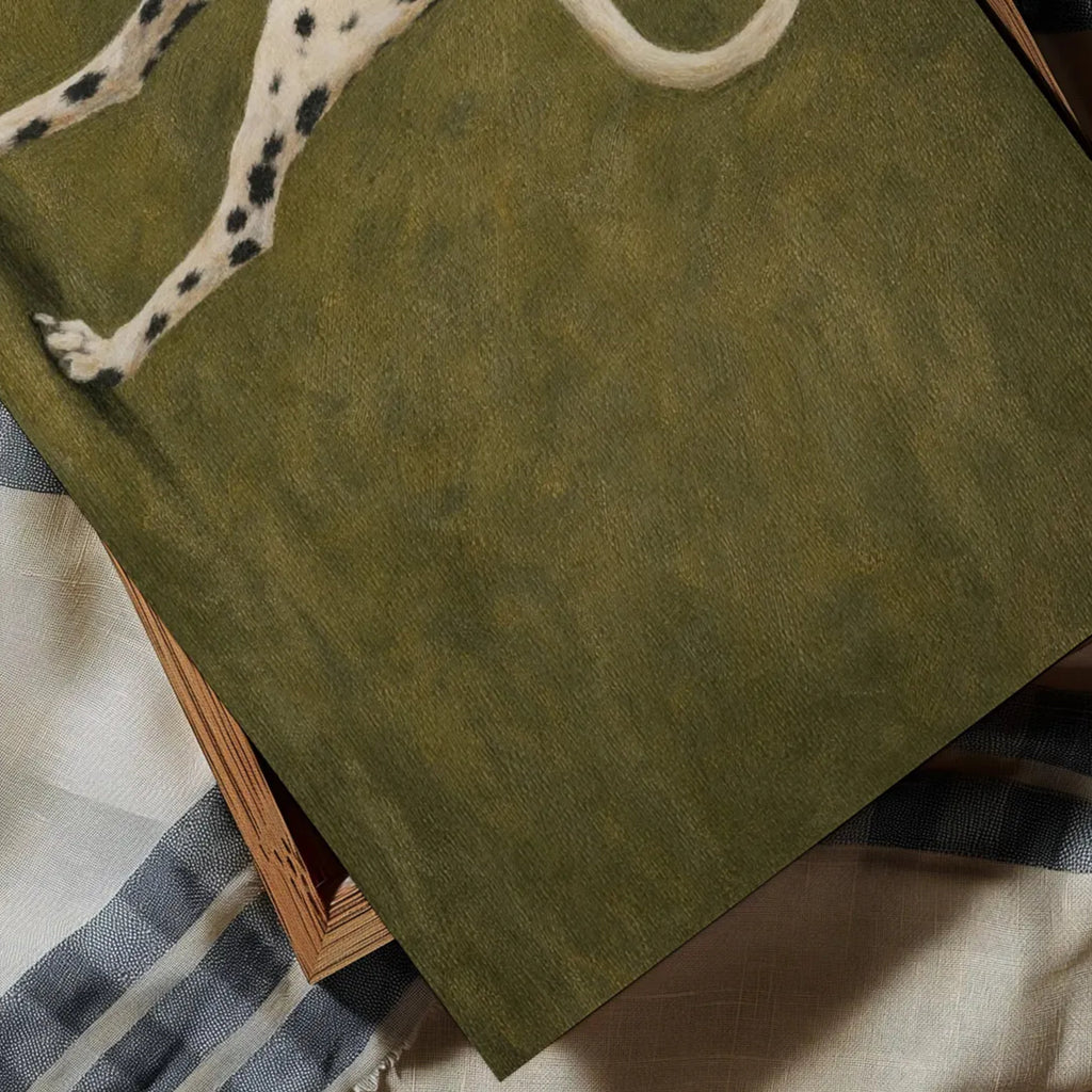 the spotty exit is a hand painted Minimalist Contemporary wall art print of a dalmatian dog partially visible against a khaki green background, inspired by quiet luxury interiors with expressive painterly texture. Minimalist Mid century modern dalmatian dog oil painting in cinematic nostalgia composition.