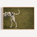 the spotty exit is a hand painted Minimalist Contemporary wall art print of a dalmatian dog partially visible against a khaki green background, inspired by quiet luxury interiors with expressive painterly texture. Minimalist Mid century modern dalmatian dog oil painting in cinematic nostalgia composition.