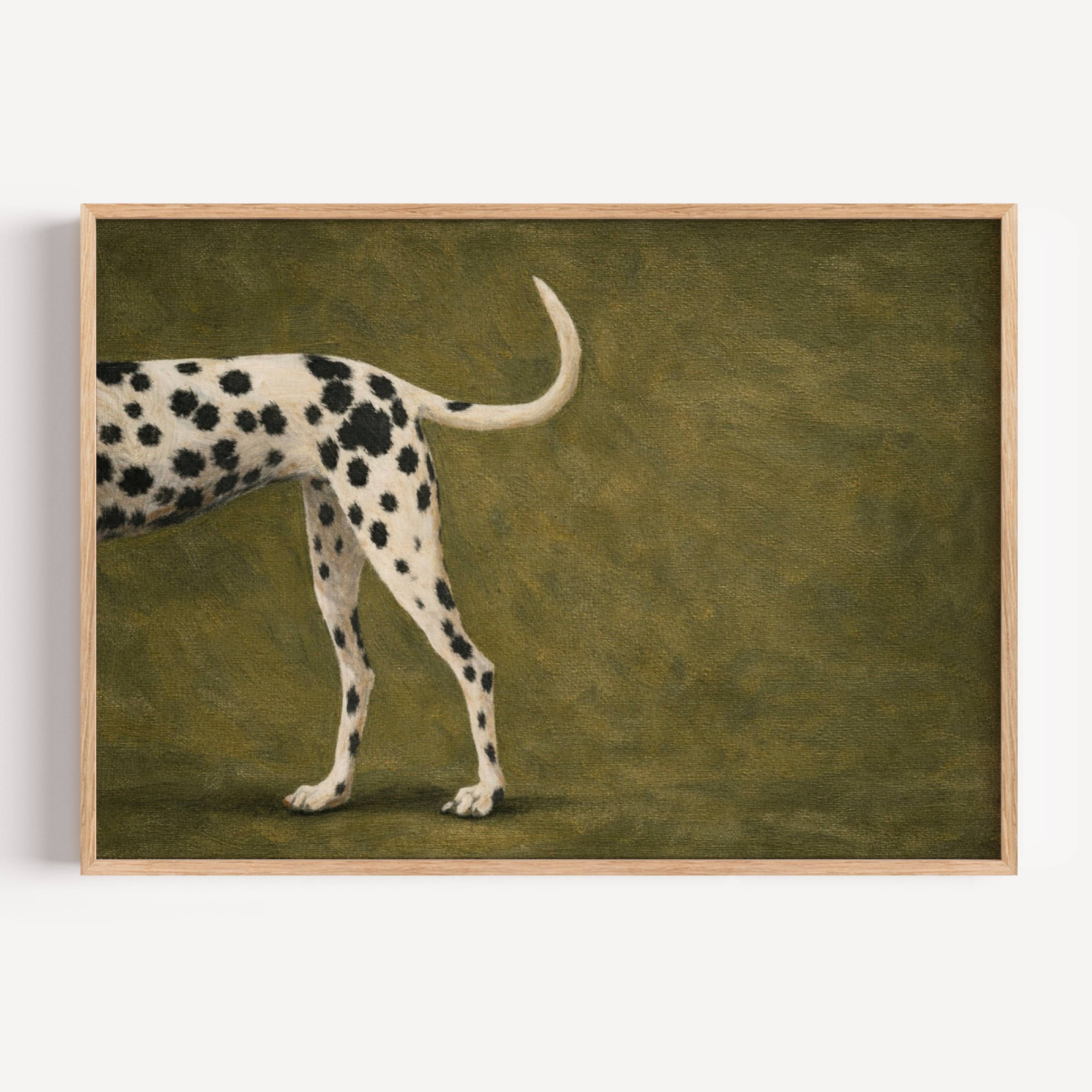 the spotty exit is a hand painted Minimalist Contemporary wall art print of a dalmatian dog partially visible against a khaki green background, inspired by quiet luxury interiors with expressive painterly texture. Minimalist Mid century modern dalmatian dog oil painting in cinematic nostalgia composition.