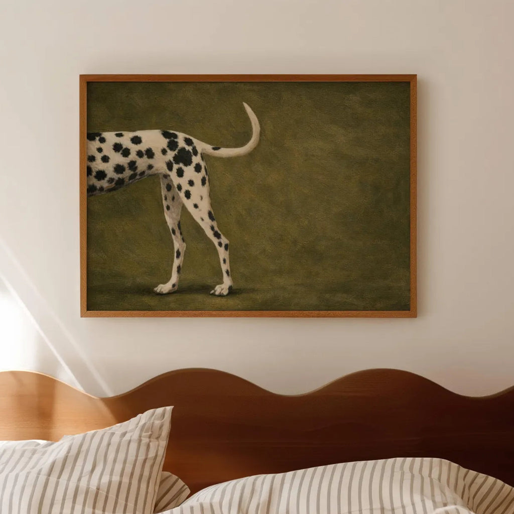 the spotty exit is a hand painted Minimalist Contemporary wall art print of a dalmatian dog partially visible against a khaki green background, inspired by quiet luxury interiors with expressive painterly texture. Minimalist Mid century modern dalmatian dog oil painting in cinematic nostalgia composition.