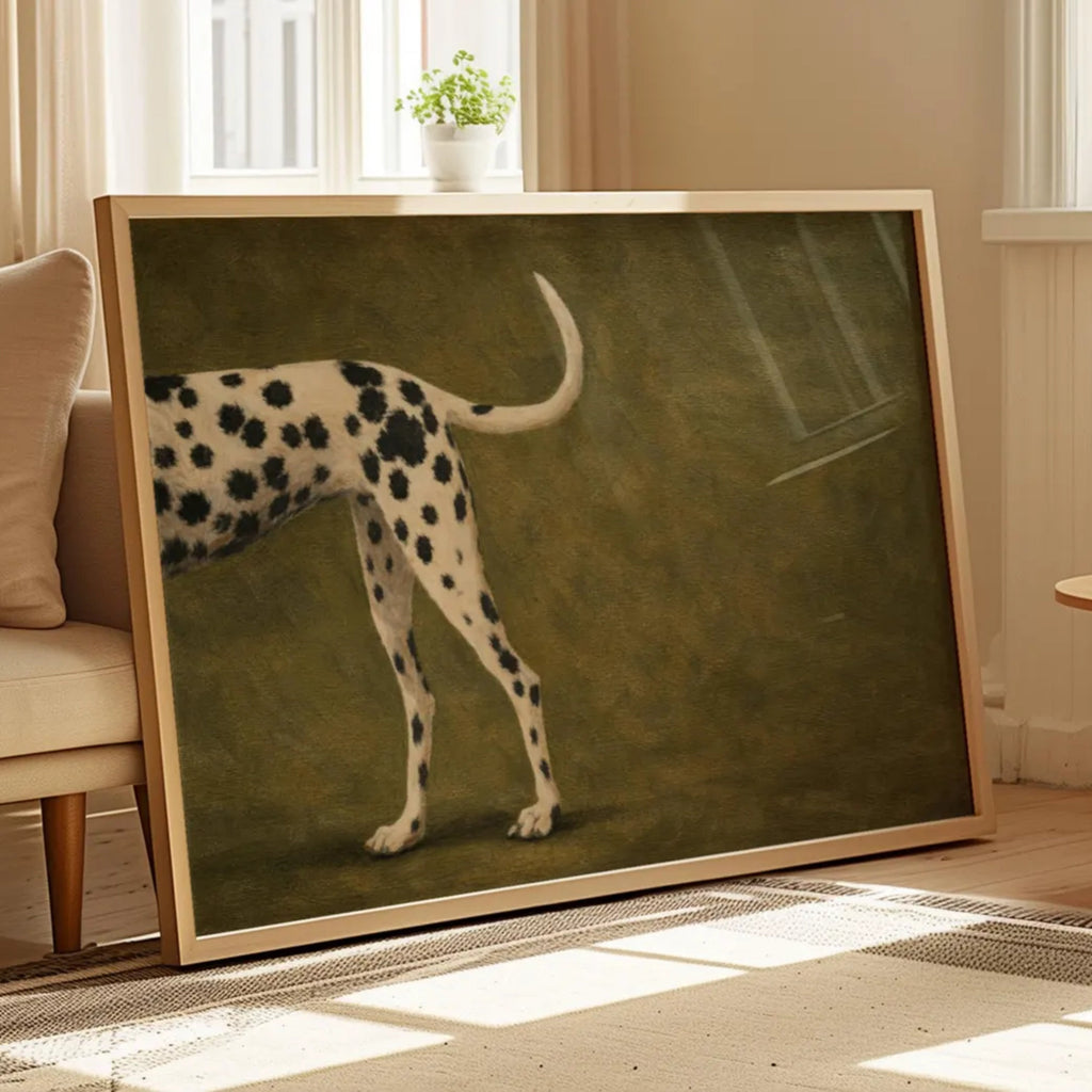 the spotty exit is a hand painted Minimalist Contemporary wall art print of a dalmatian dog partially visible against a khaki green background, inspired by quiet luxury interiors with expressive painterly texture. Minimalist Mid century modern dalmatian dog oil painting in cinematic nostalgia composition.