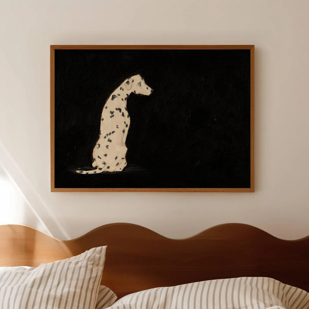the spotty one is a hand painted Minimalist Contemporary wall art print of a dalmatian dog sitting against a black background, inspired by quiet luxury interiors with expressive painterly texture. Minimalist Mid century modern dalmatian dog oil painting in cinematic nostalgia composition