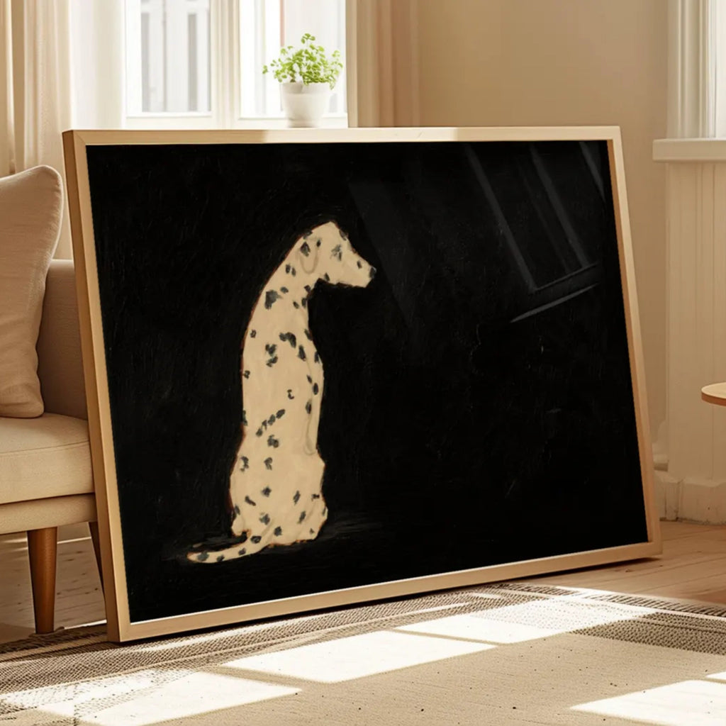 the spotty one is a hand painted Minimalist Contemporary wall art print of a dalmatian dog sitting against a black background, inspired by quiet luxury interiors with expressive painterly texture. Minimalist Mid century modern dalmatian dog oil painting in cinematic nostalgia composition.