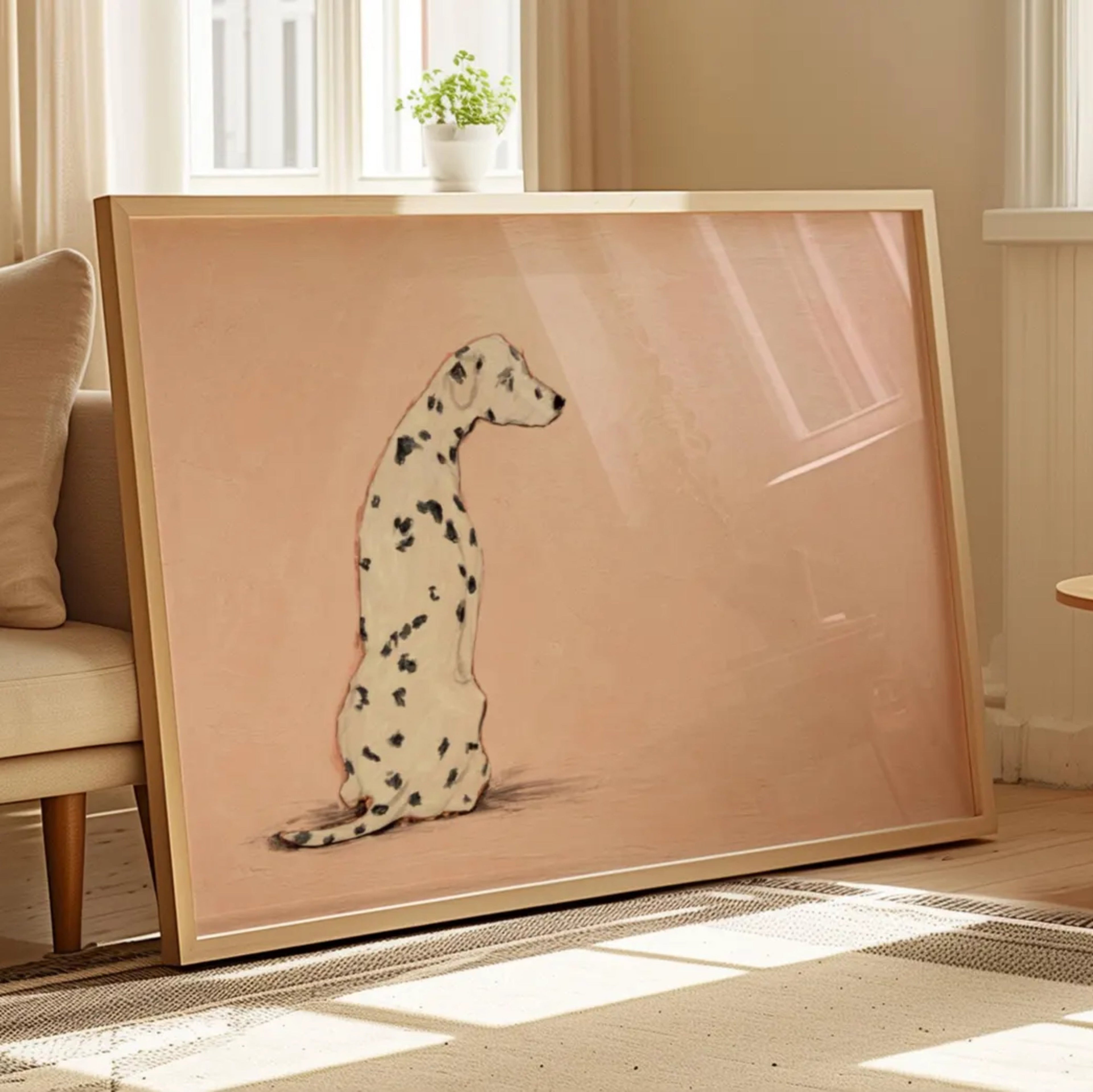 the spotty one is a hand painted Minimalist Contemporary wall art print of a dalmatian dog sitting against a soft pink background, inspired by quiet luxury interiors with expressive painterly texture. Minimalist Mid century modern dalmatian dog oil painting in cinematic nostalgia composition.