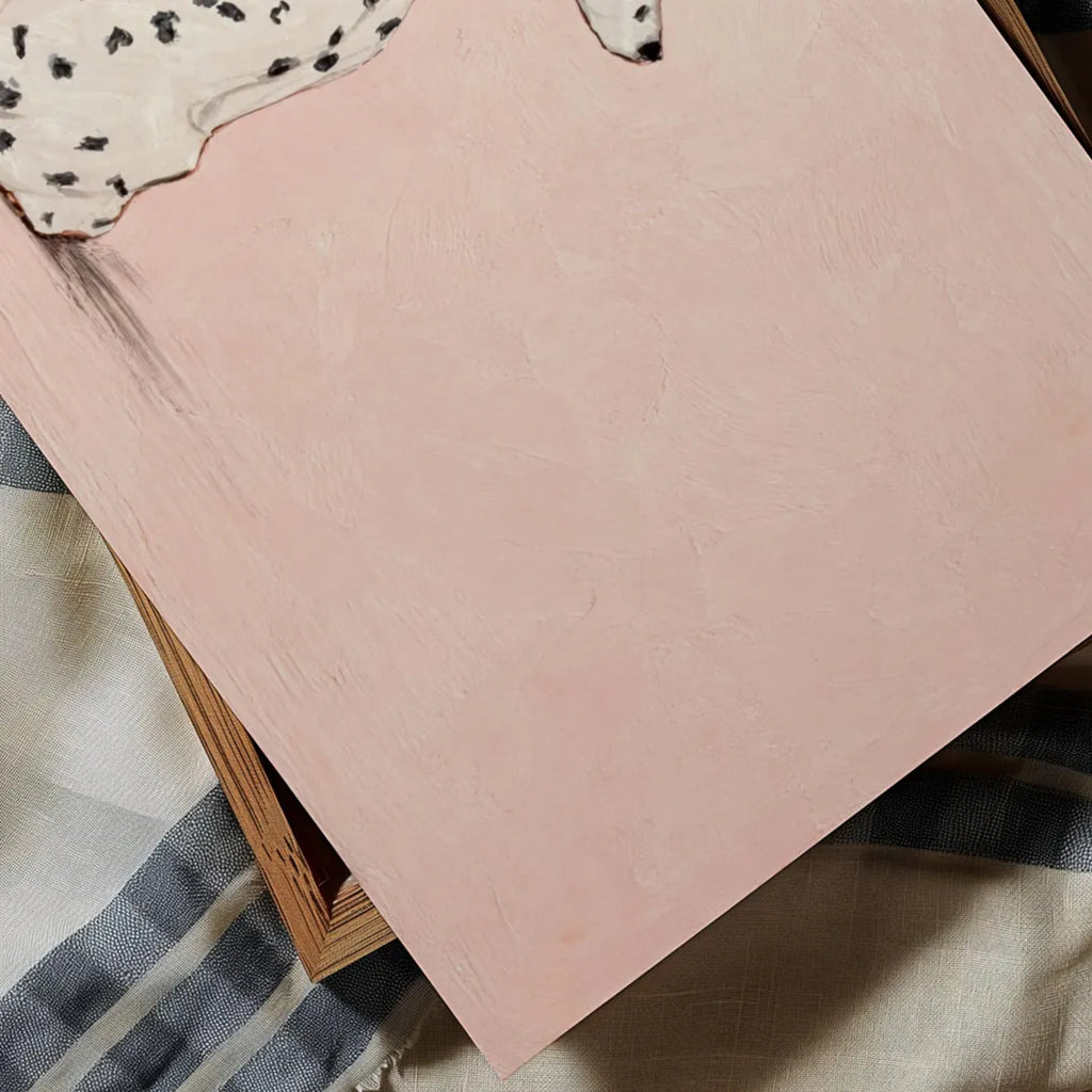 the spotty one is a hand painted Minimalist Contemporary wall art print of a dalmatian dog sitting against a pink background, inspired by quiet luxury interiors with expressive painterly texture. Minimalist Mid century modern dalmatian dog oil painting in cinematic nostalgia composition.