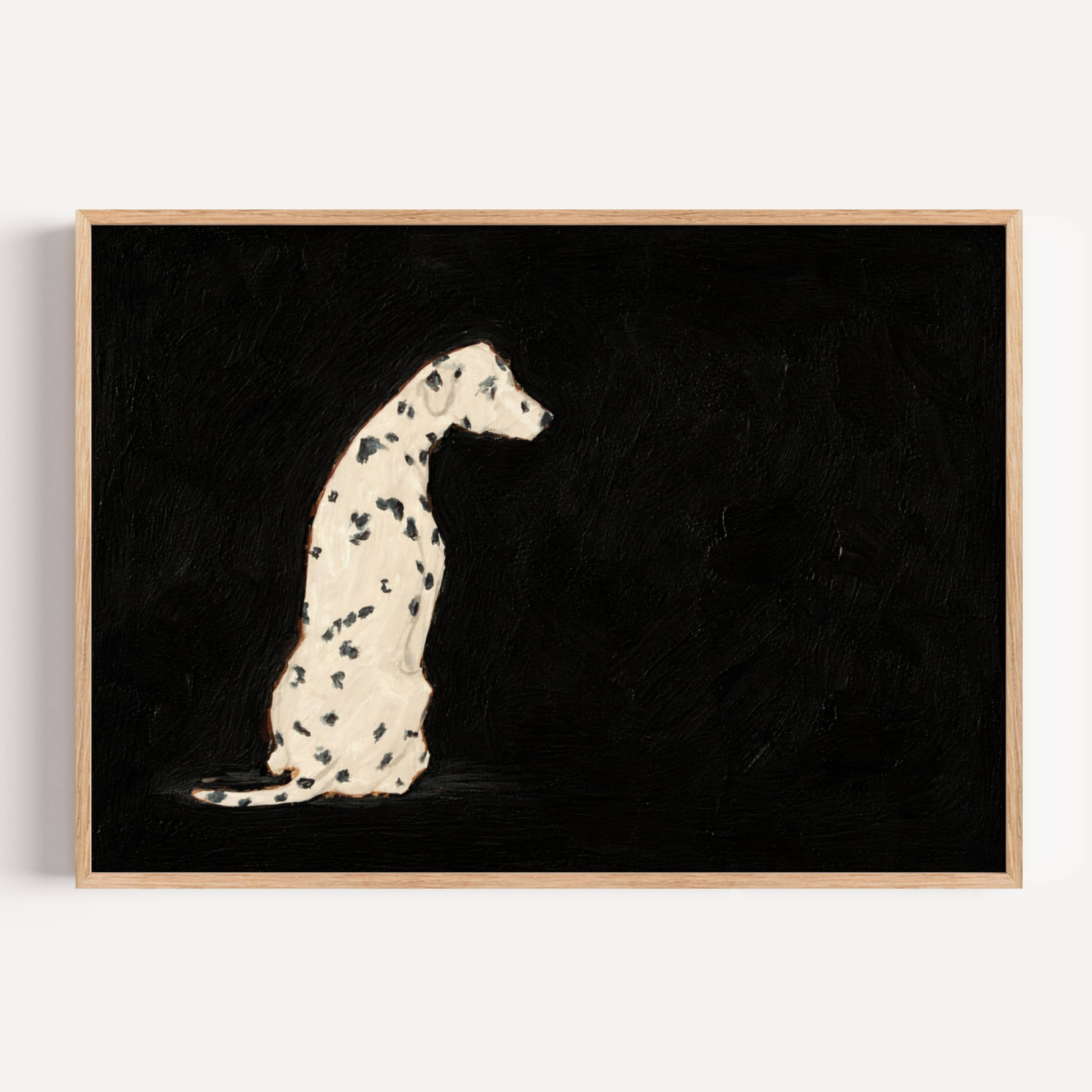 the spotty one is a hand painted Minimalist Contemporary wall art print of a dalmatian dog sitting against a black background, inspired by quiet luxury interiors with expressive painterly texture. Minimalist Mid century modern dalmatian dog oil painting in cinematic nostalgia composition.