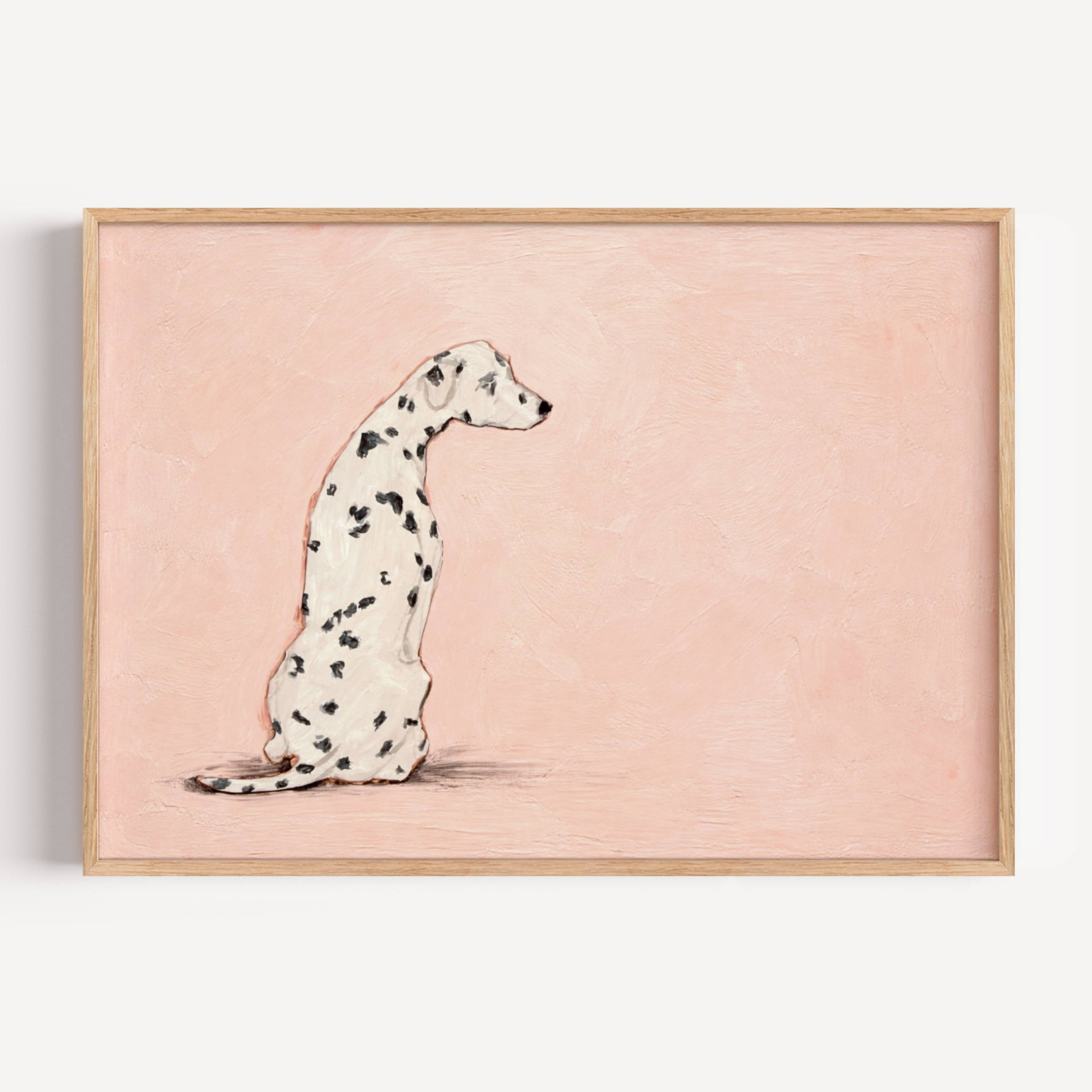 the spotty one is a hand painted Minimalist Contemporary wall art print of a dalmatian dog sitting against a soft pink background, inspired by quiet luxury interiors with expressive painterly texture. Minimalist Mid century modern dalmatian dog oil painting in cinematic nostalgia composition.