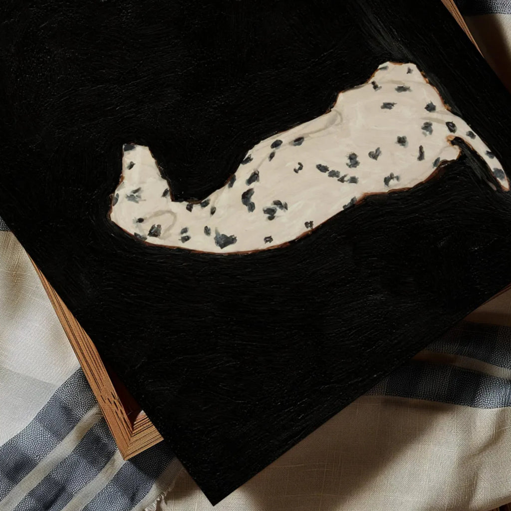 the spotty one is a hand painted Minimalist Contemporary wall art print of a dalmatian dog sitting against a black background, inspired by quiet luxury interiors with expressive painterly texture. Minimalist Mid century modern dalmatian dog oil painting in cinematic nostalgia composition.