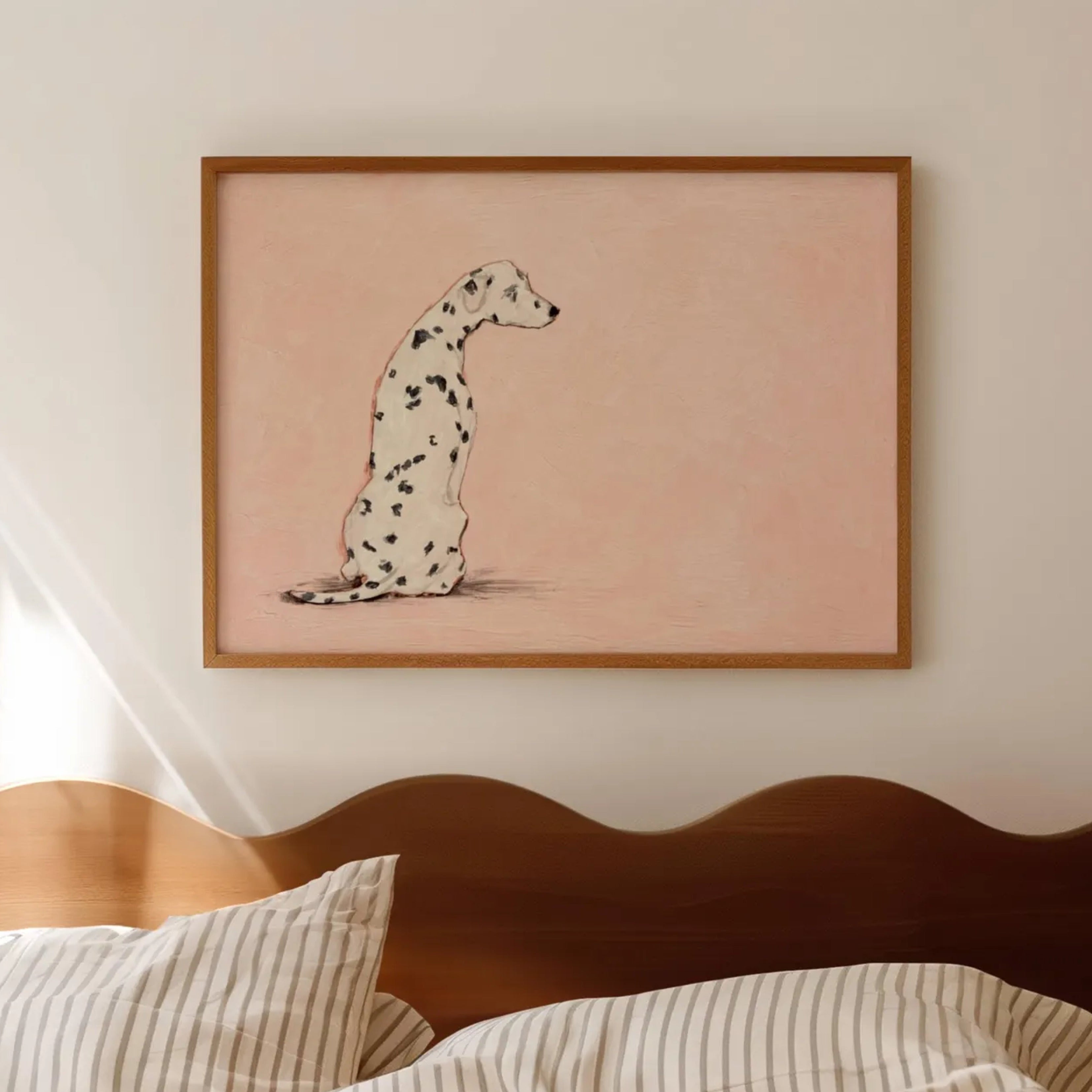 the spotty one is a hand painted Minimalist Contemporary wall art print of a dalmatian dog sitting against a pink background, inspired by quiet luxury interiors with expressive painterly texture. Minimalist Mid century modern dalmatian dog oil painting in cinematic nostalgia composition.
