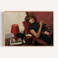 the things we dont say is a hand painted retro nostalgic contemporary figurative wall art print of a woman smoking on a red sofa, inspired by contemporary figurative painting, cinematic images, the melancholy beauty of old films, bringing storytelling, atmosphere and fashion. large textured canva oil painting wall art print