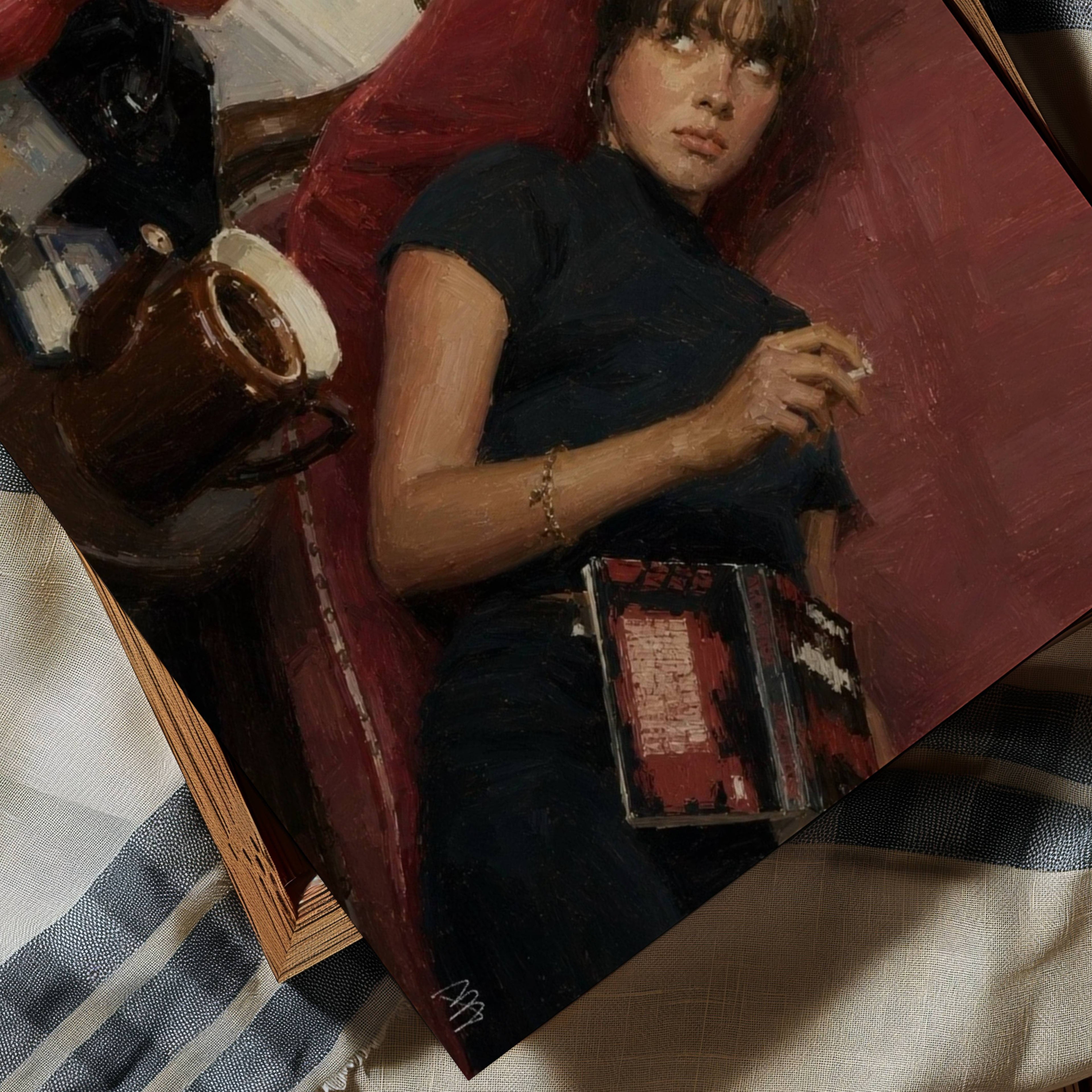 the things we dont say is a hand painted retro nostalgic contemporary figurative wall art print of a woman smoking on a red sofa, inspired by contemporary figurative painting, cinematic images, the melancholy beauty of old films, bringing storytelling, atmosphere and fashion. large textured canva oil painting wall art print