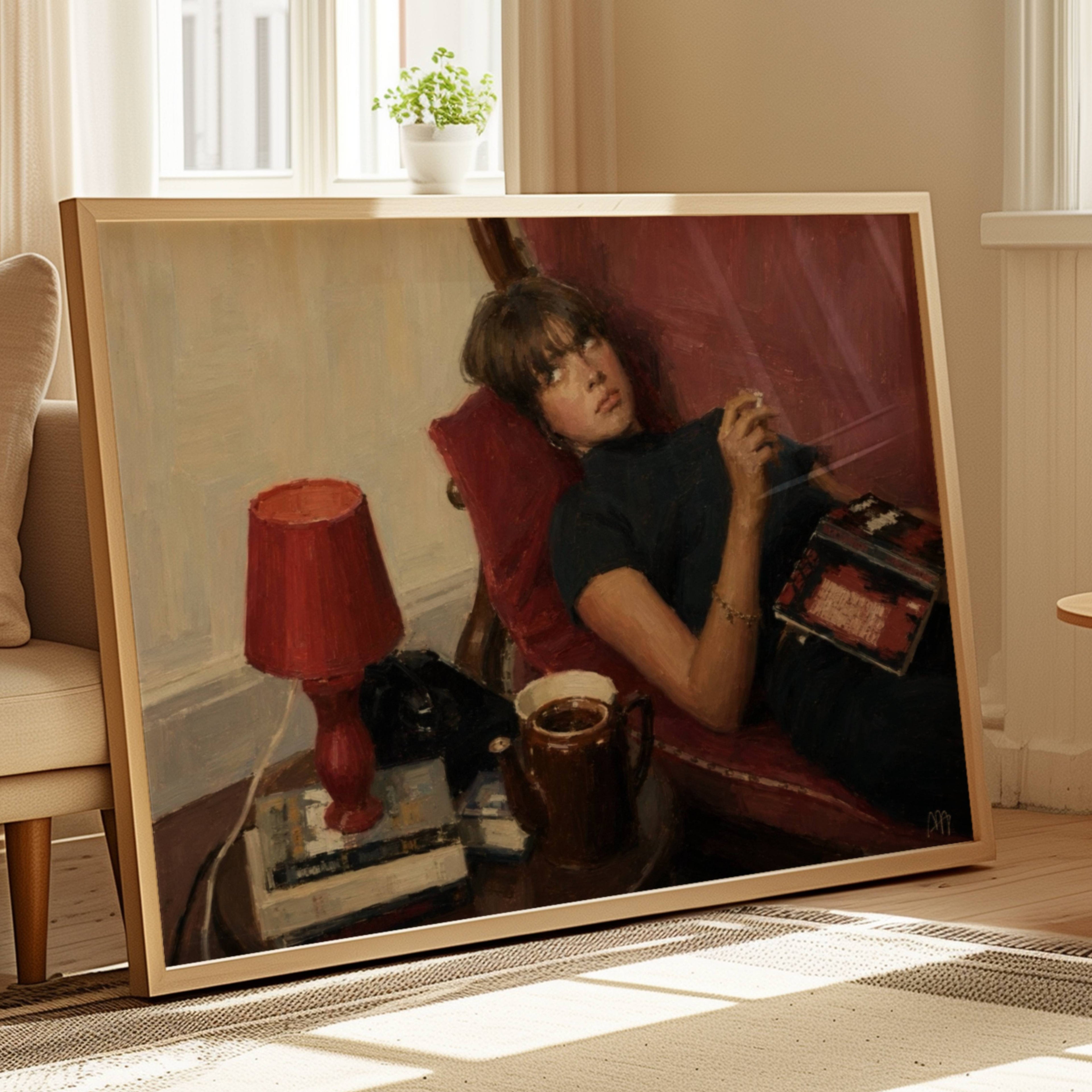 the things we dont say is a hand painted retro nostalgic contemporary figurative wall art print of a woman smoking on a red sofa, inspired by contemporary figurative painting, cinematic images, the melancholy beauty of old films, bringing storytelling, atmosphere and fashion. large textured canva oil painting wall art print