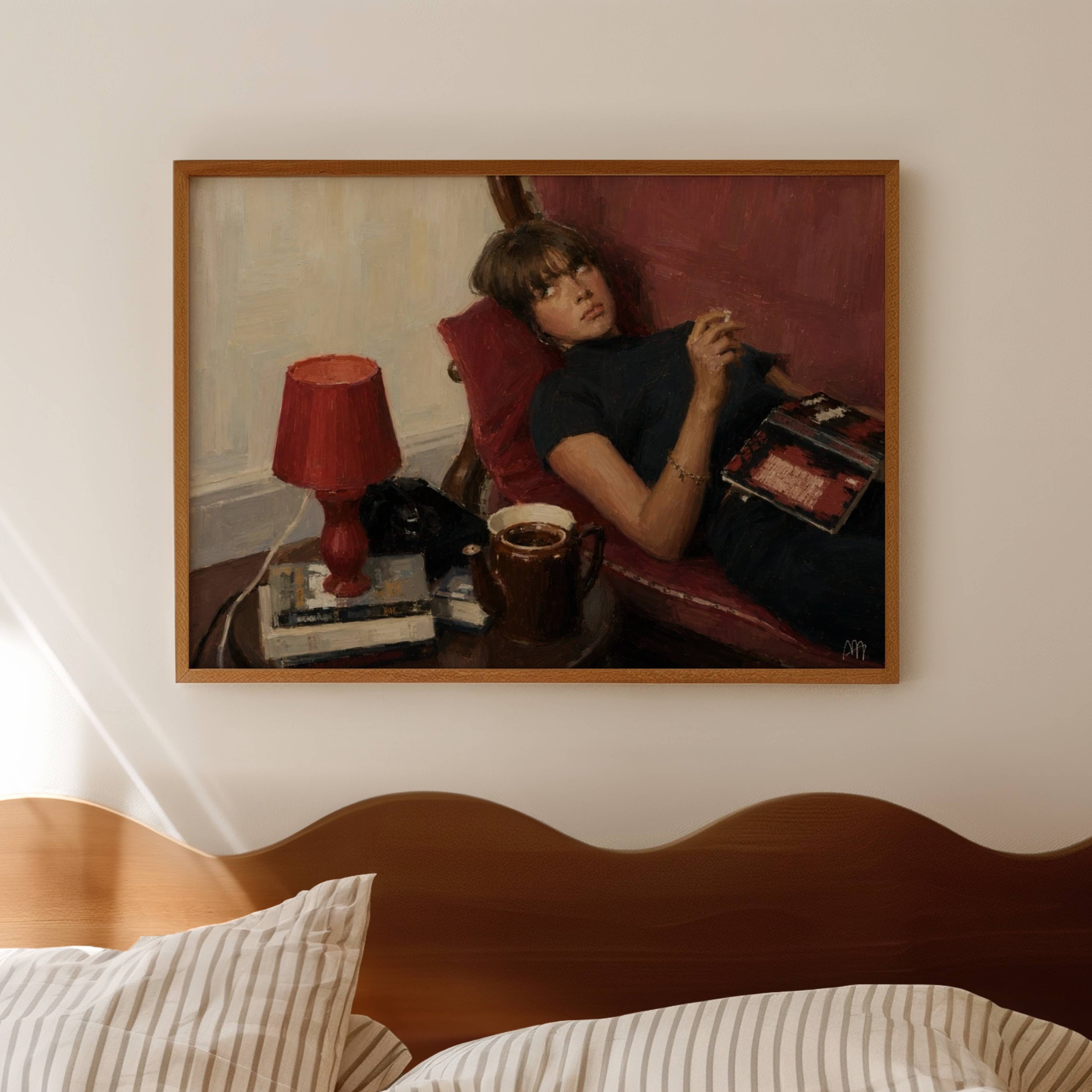 the things we dont say is a hand painted retro nostalgic contemporary figurative wall art print of a woman smoking on a red sofa, inspired by contemporary figurative painting, cinematic images, the melancholy beauty of old films, bringing storytelling, atmosphere and fashion. large textured canva oil painting wall art print