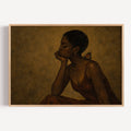 The weight of beautiful things is a hand painted contemporary figurative wall art print of a black woman with a butterfly, inspired by contemporary figurative painting, the value of friendship, cinematic images, the melancholy beauty of simple pleasures, bringing storytelling, atmosphere and afrocentric wall art. large textured canva khaki oil painting wall art print