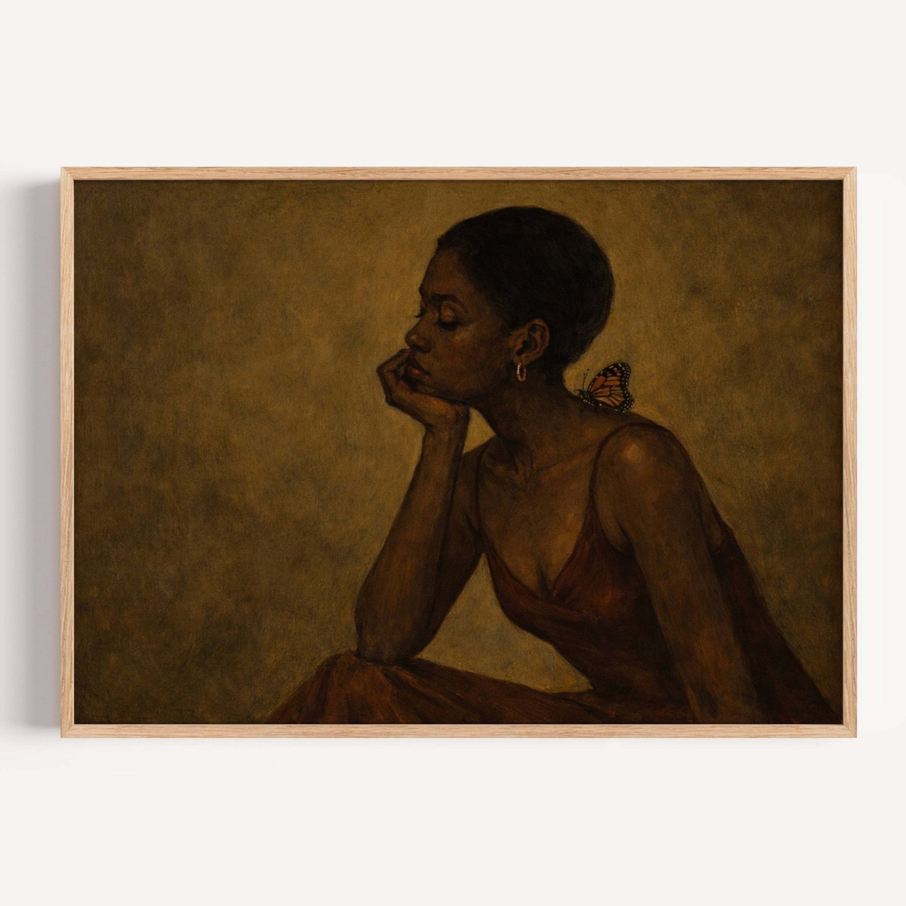 The weight of beautiful things is a hand painted contemporary figurative wall art print of a black woman with a butterfly, inspired by contemporary figurative painting, the value of friendship, cinematic images, the melancholy beauty of simple pleasures, bringing storytelling, atmosphere and afrocentric wall art. large textured canva khaki oil painting wall art print