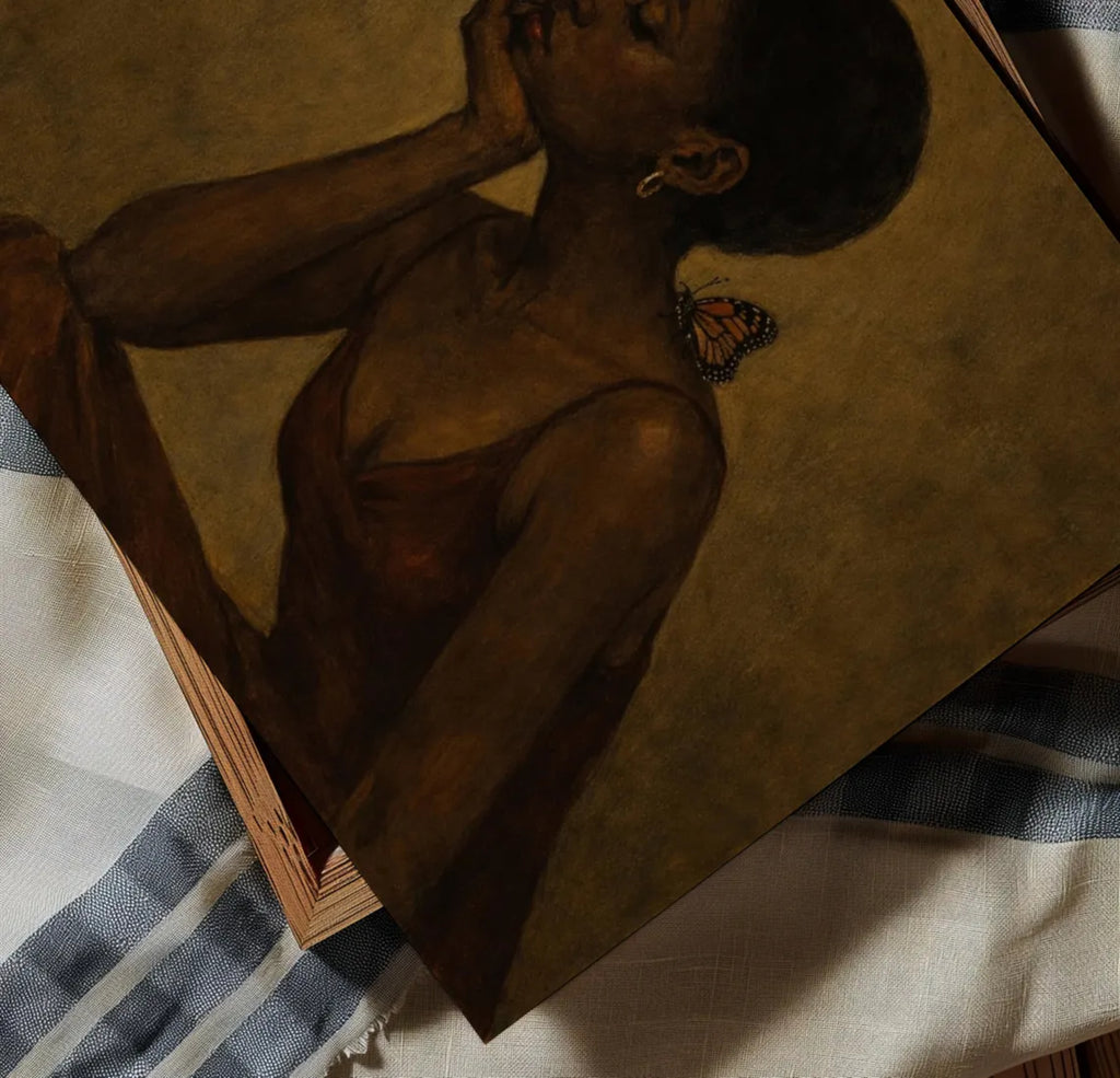 The weight of beautiful things is a hand painted contemporary figurative wall art print of a black woman with a butterfly, inspired by contemporary figurative painting, the value of friendship, cinematic images, the melancholy beauty of simple pleasures, bringing storytelling, atmosphere and afrocentric wall art. large textured canva khaki oil painting wall art print